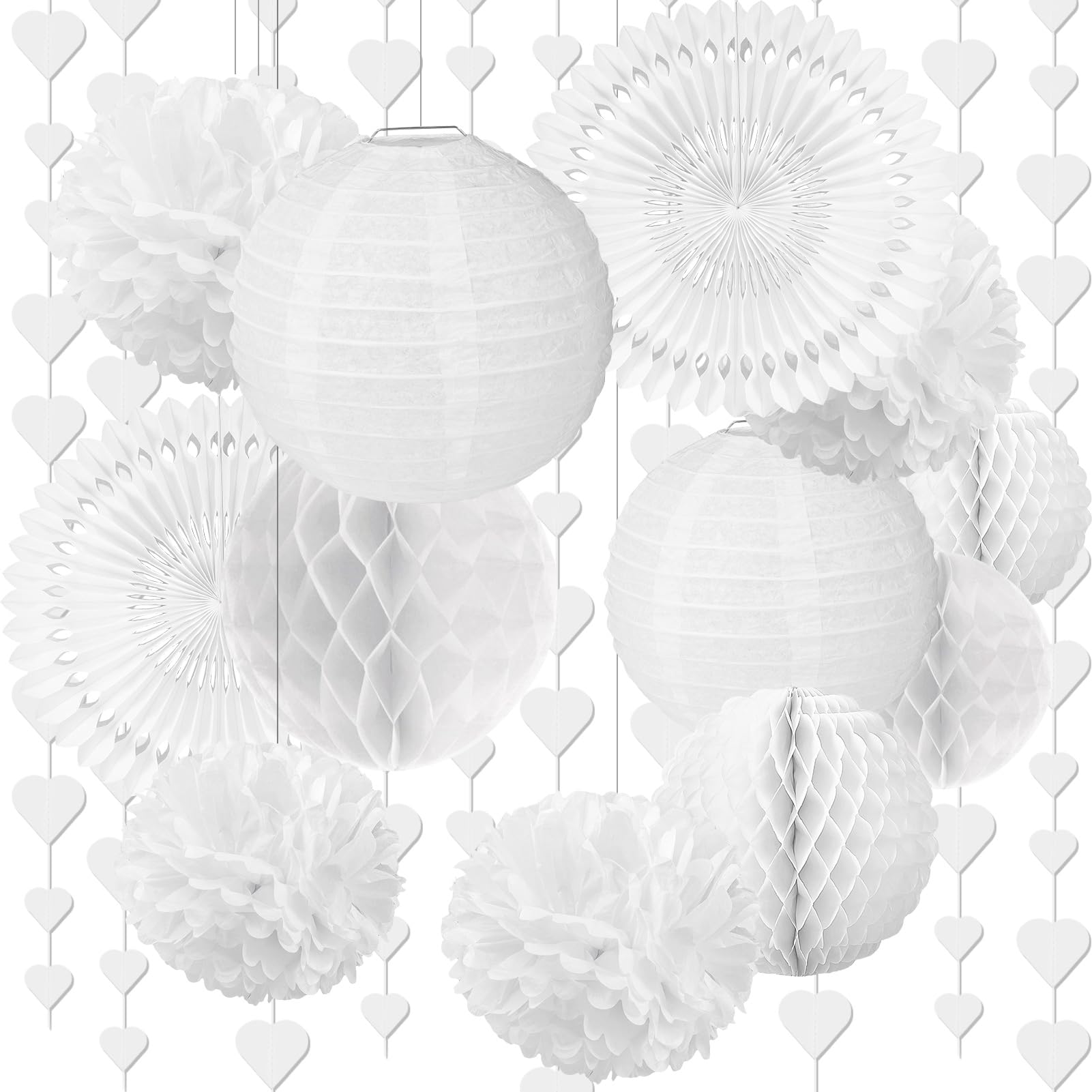 HOWAF White Wedding Decoration, 13PCS Hanging White Heart Garlands Paper Fans Pom Poms Paper Lanterns Honeycomb Decorations for Birthday Wedding Engagement Bridal Shower Baby Shower Garden Party