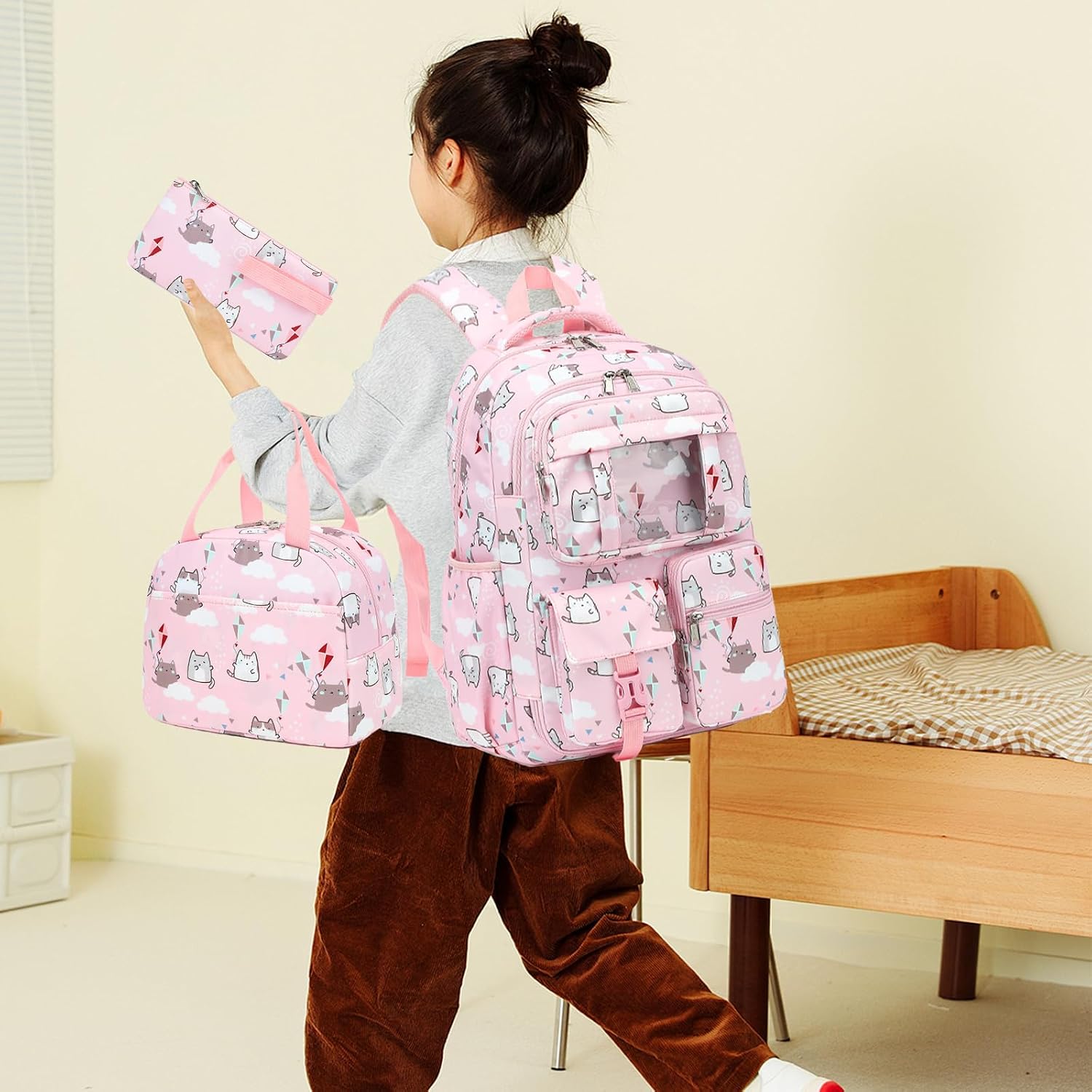 Cat School Backpack for Teens Girls, 3PCS Refrigerator Door Backpacks with Insulated Lunch Box Pencil Bag for Kids Women Students (Pink)