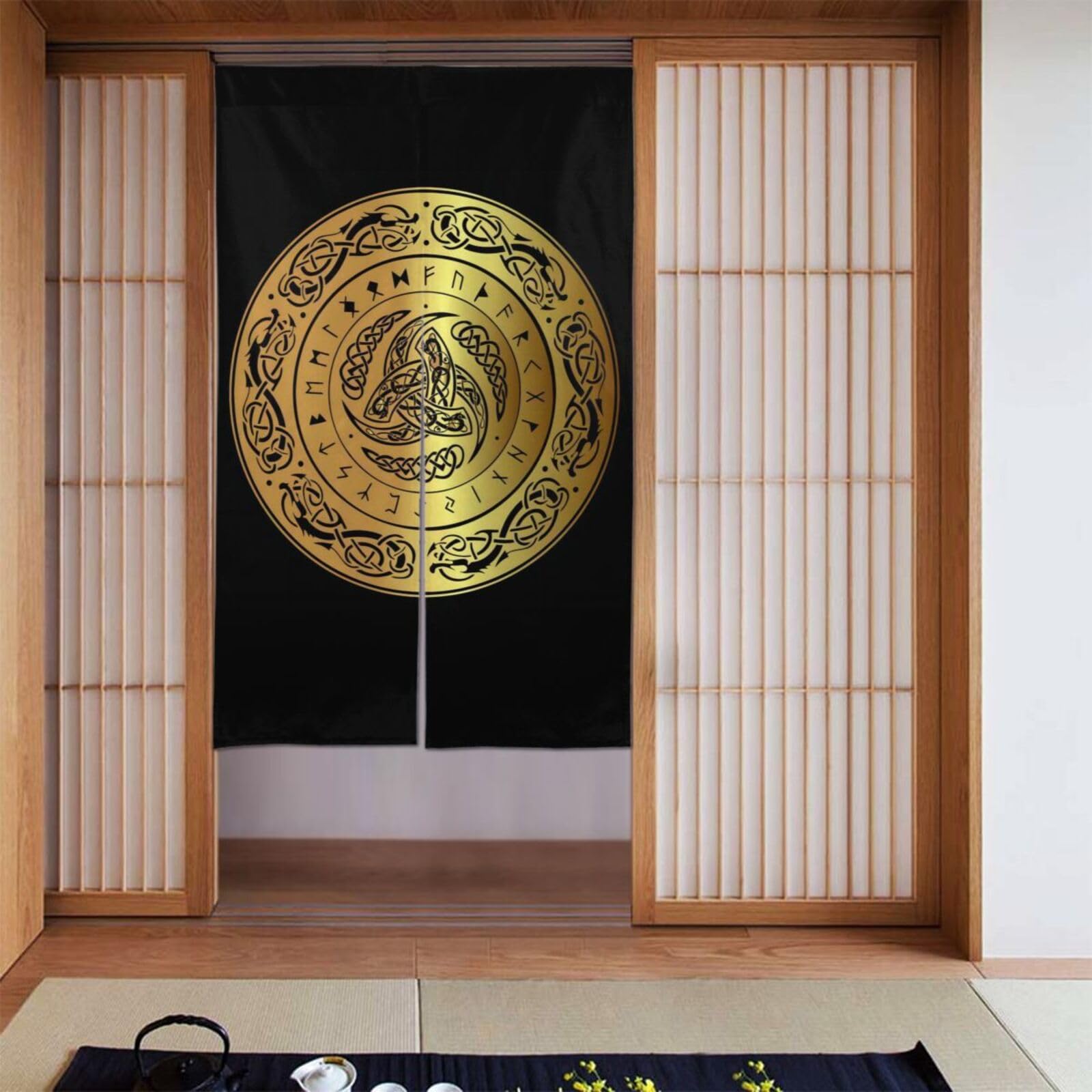 Lukiyys Gold Viking Norse Mythology Magical Runic Door Curtains,Doorways Curtains for Windows,Bedroom Divider 34"X 56"