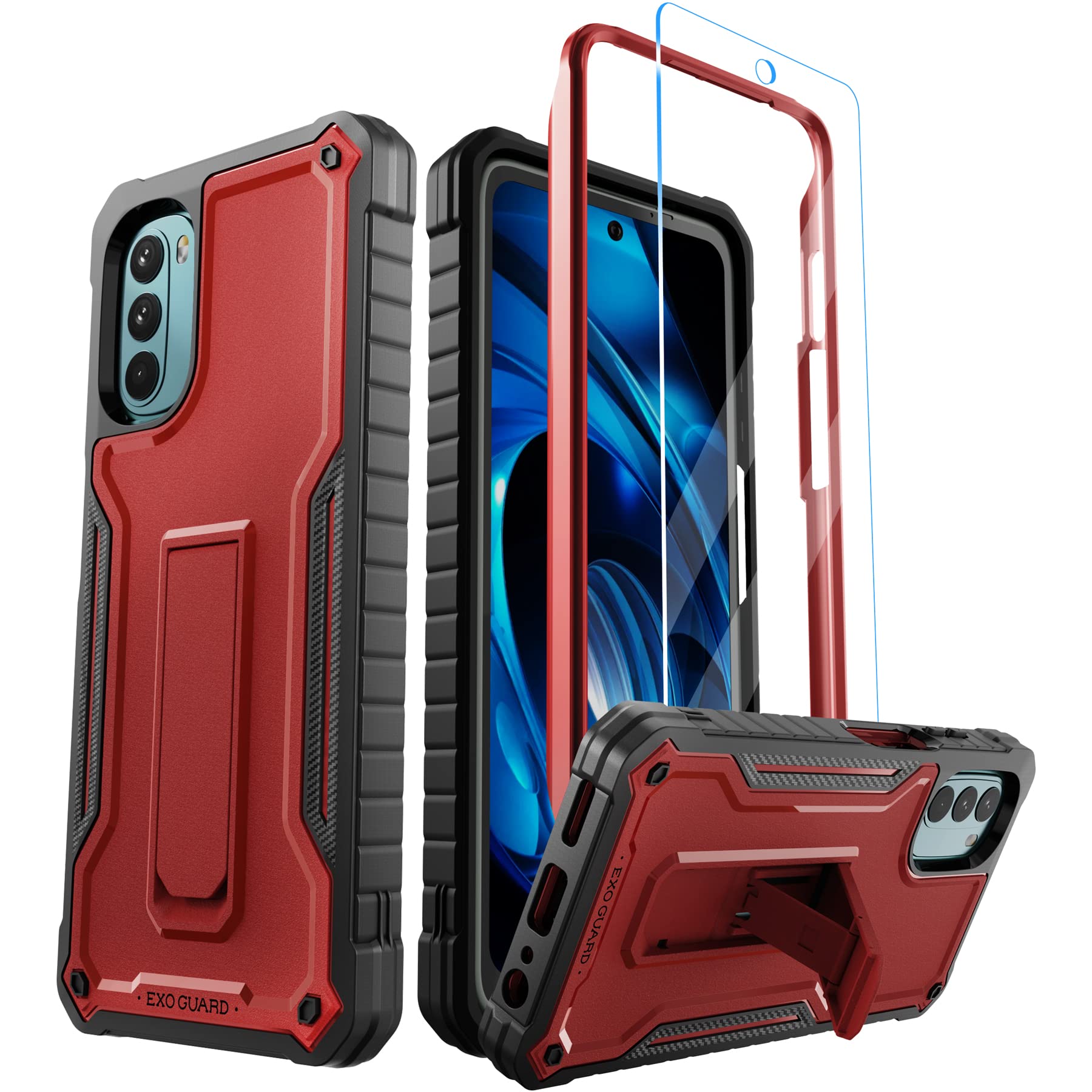 ExoGuard for Moto G 5G 2022 Case, Rubber Shockproof Full-Body Cover Case Come with a Tempered Glass Screen Protector and Kickstand Compatible with