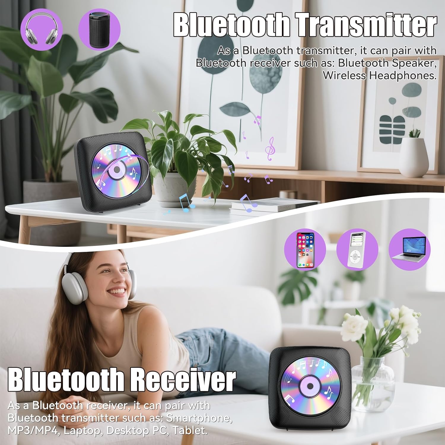 Gueray CD Player Portable with Bluetooth Wall Mountable, 1800mAh Rechargeable Battery Operated CD Music Players for Home Desk Built-in HiFi Speaker LCD Screen Display FM Radio Supports USB AUX Jack