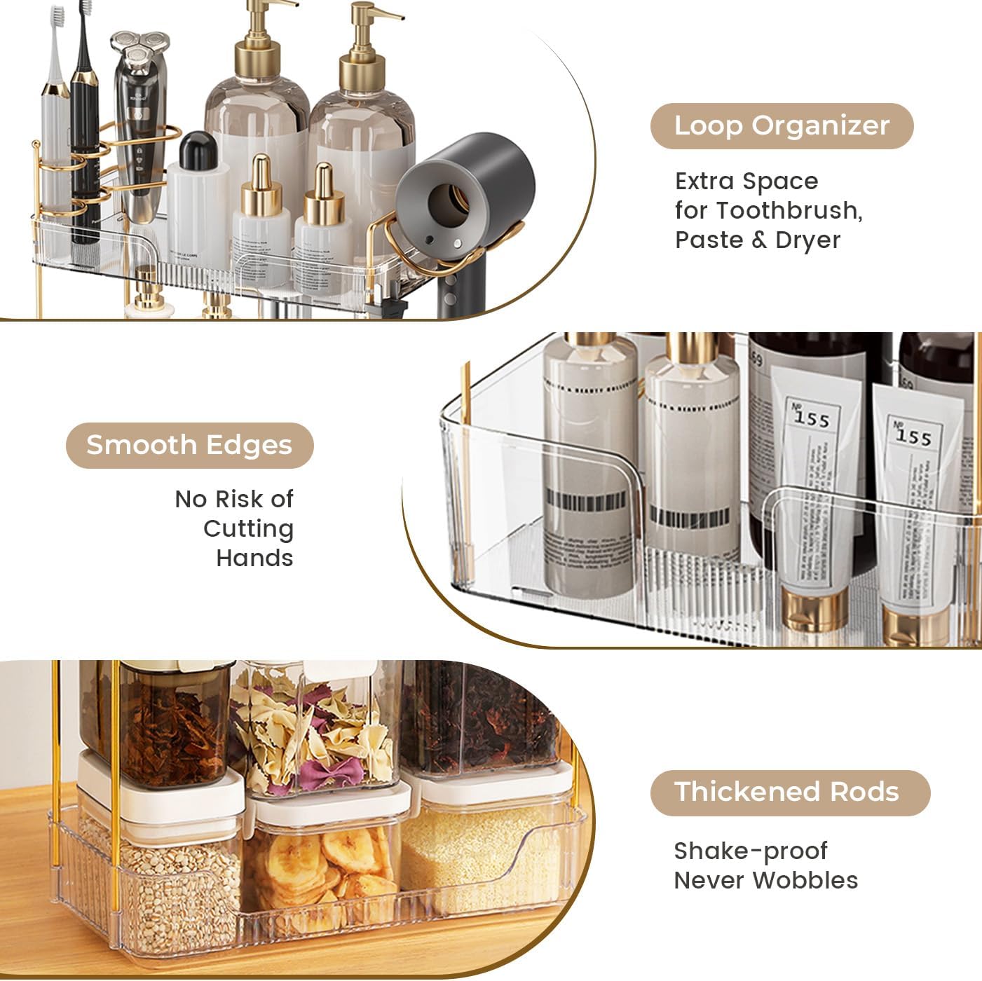 Bathroom Counter Organizer Countertop, 3 Tier Makeup Perfume Storage with Hair Dryer Rack and Toothbrush Holder, Cosmetic Tray for Vanity - Clear