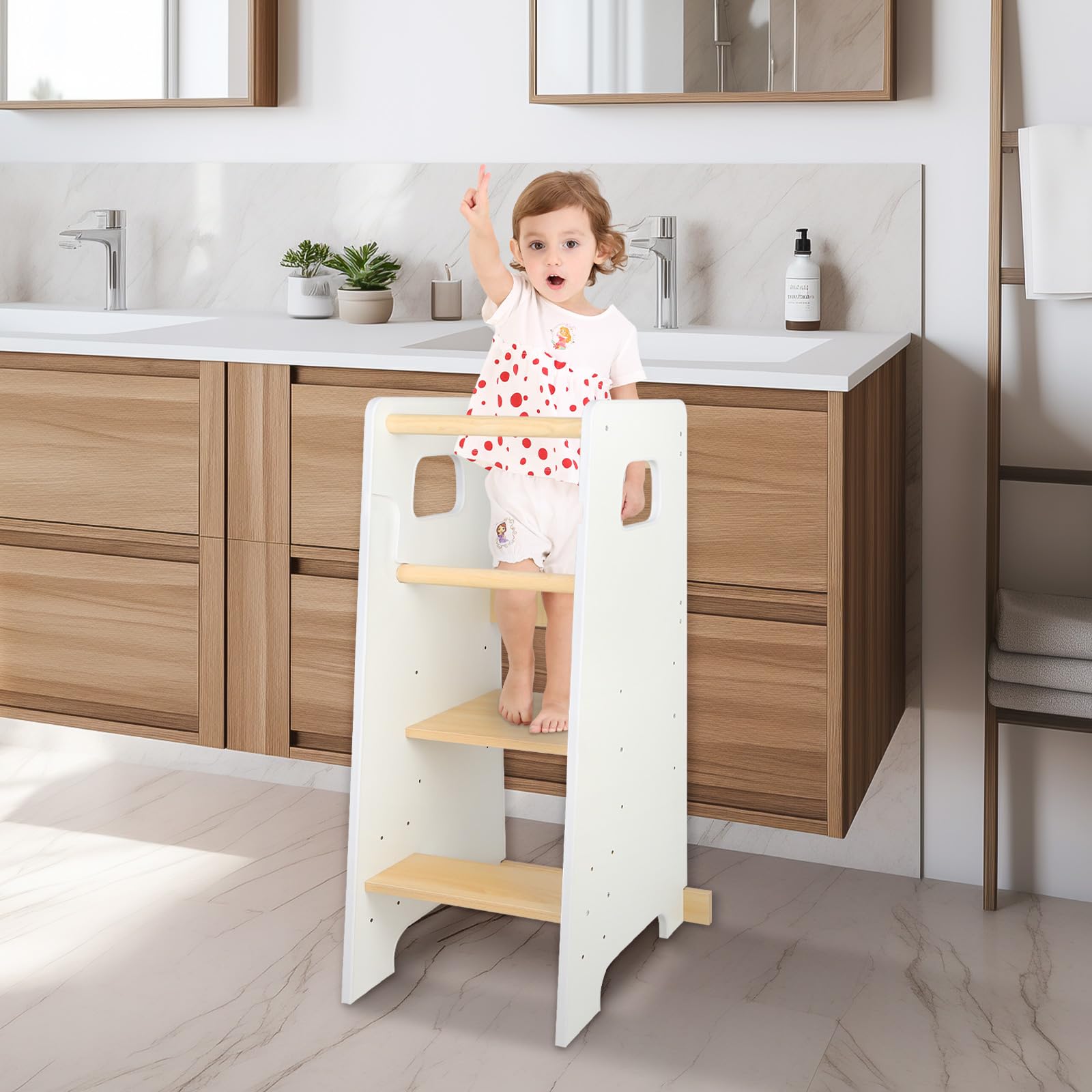 Lernturm Kinder ab 1 Jahr, Höhenverstellbarer Lernstuhl mit Anti-Kipp-Schutz, Montessori Kitchen Helper für Küche & Bad, Schwarz, 90x40x42cm (Weiß)