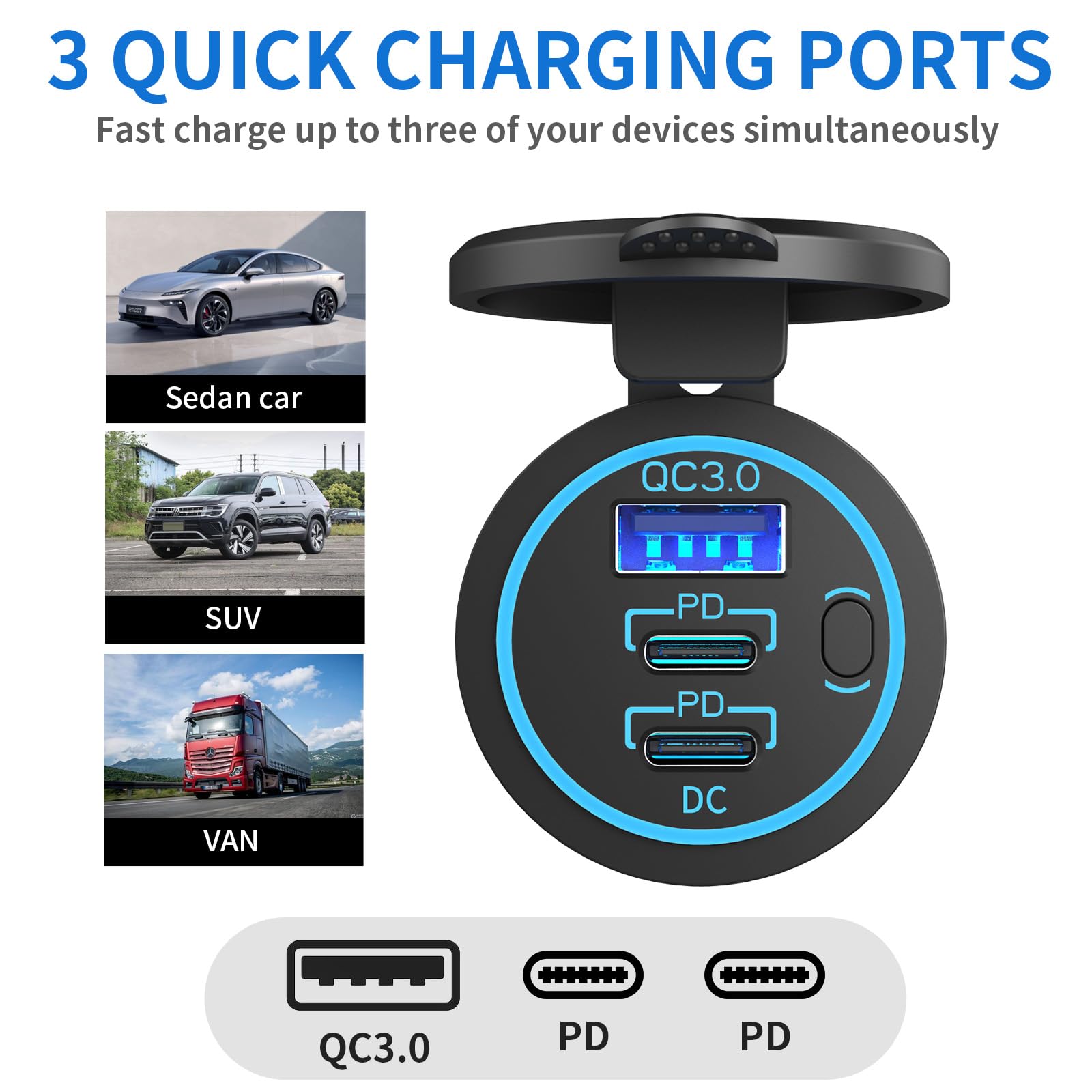 Cargador de coche USB C de 12 V, salida USB, 78 W dual 30 W PD y 18 W QC3.0 cargador cilíndrico multipuerto con interruptor de botón impermeable para coche, barco, RV, carrito de golf, camión, autobús