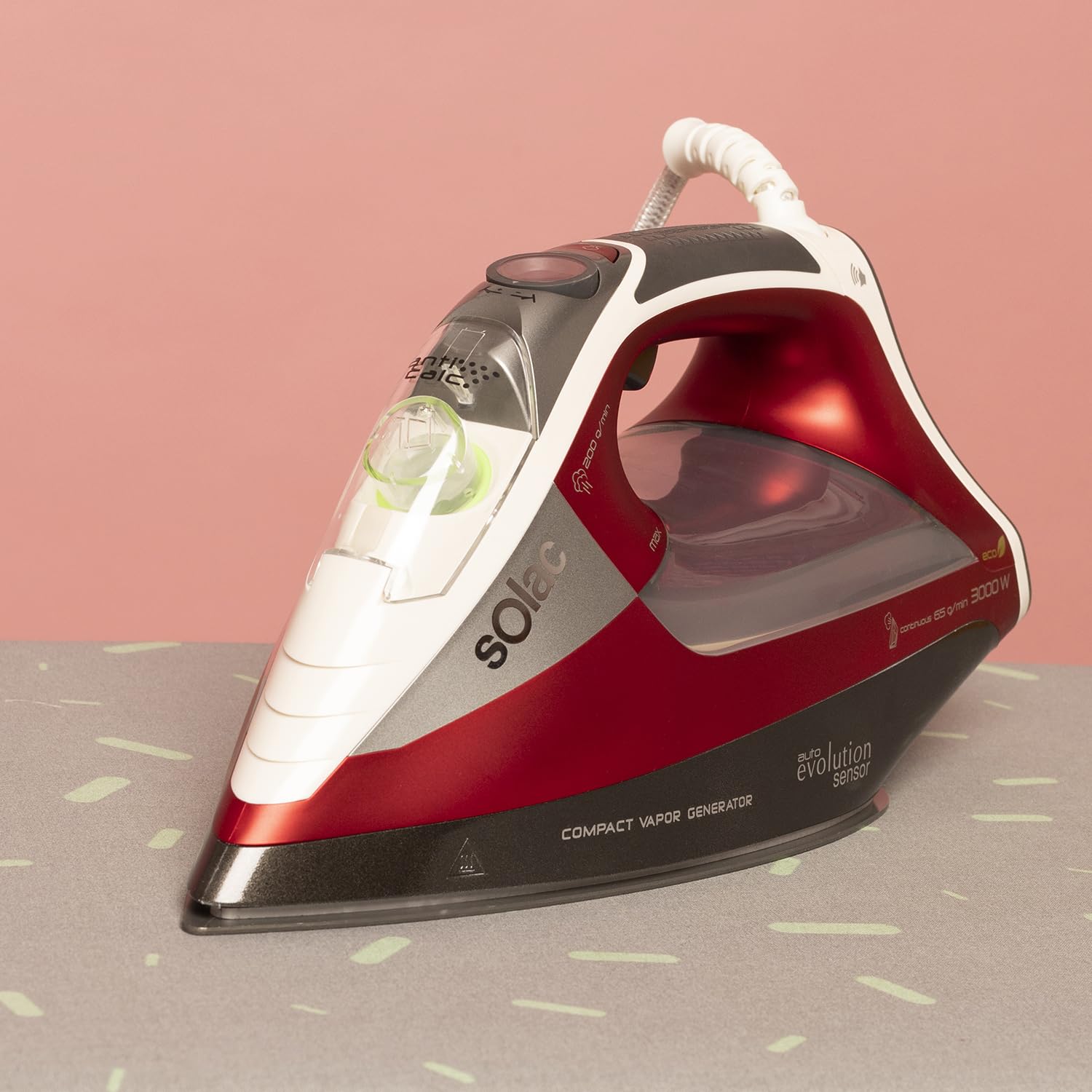 Solac CVG9611 - Plancha (Plancha vapor-seco, Non-stick soleplate, 200 g/min, Negro, Rojo, Blanco, 3000 W)