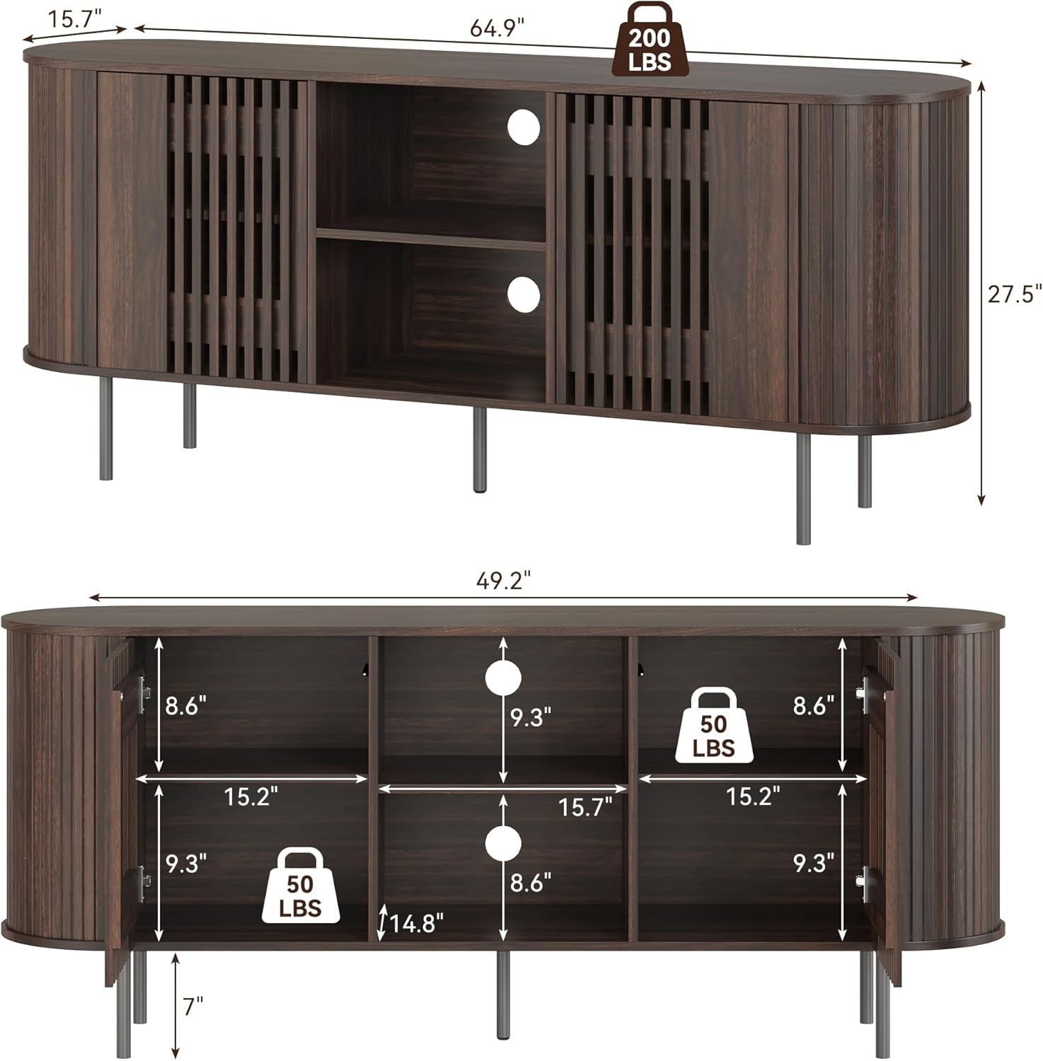 65 Inch TV Stand for TVs up to 75 Inch, Mid Century Modern Entertainment Center with Storage and Adjustable Shelves, Curved Profile Design,Media Console with Cable Management for Living Room, Brown