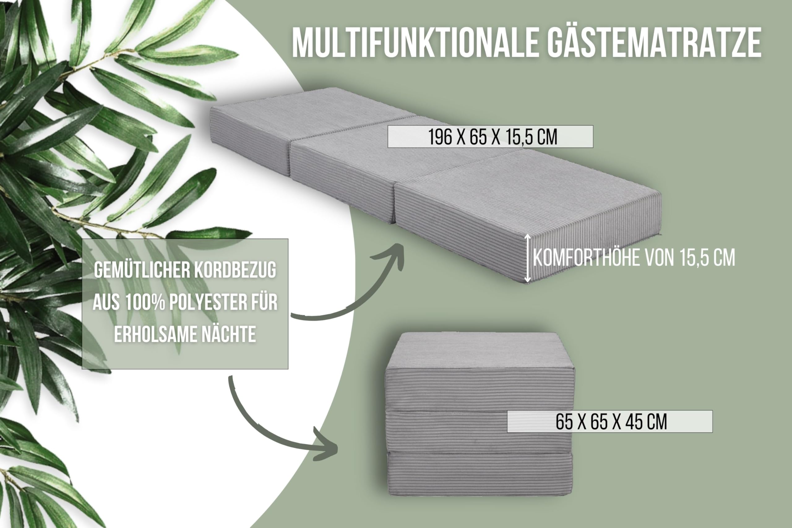 Badenia Trendline Kord Gästematratze XXL Steingrau 196x65x15 – Bild 3