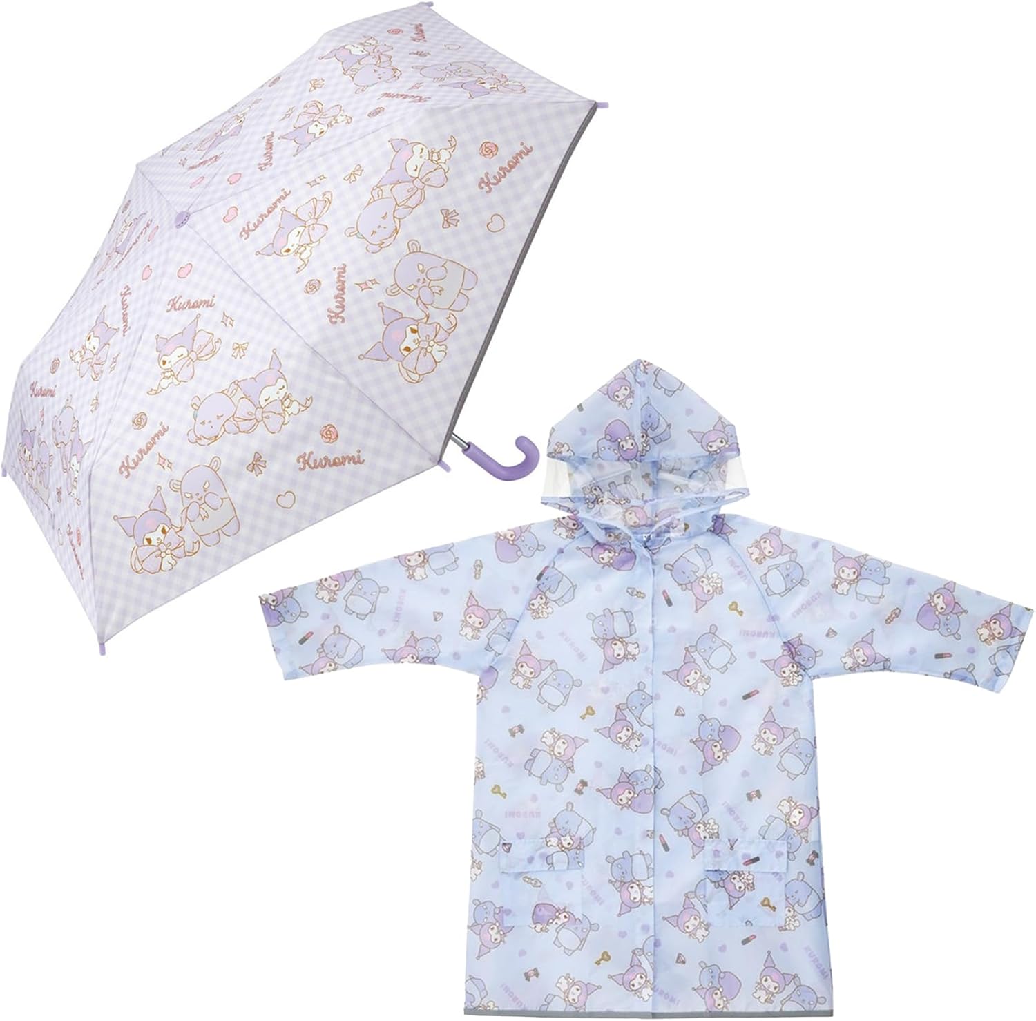 Skater KUROMI Character Rain Jacket for 43"-49" Height and Folding Umbrella 37" Set for Girls 5-7 Years Old Lavender [from Japan]
