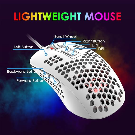 383 Ultralight Wired Gaming Mouse, Lightweight Honeycomb Shell, 4 RGB Breathing Backlit Mice, 4 Adjustable DPI 2400, USB Optical Computer Mice for Win10/XP/Xbox/PS4/PS5/Mac/Air/HP/Acer (White)