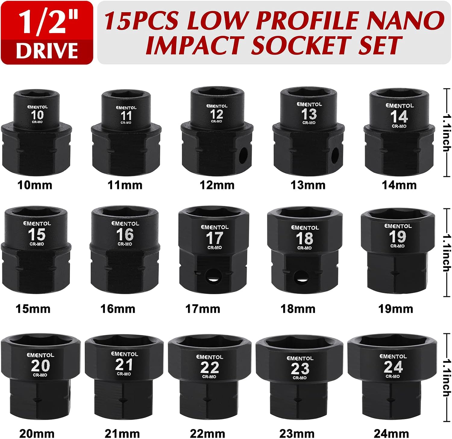EMENTOL 15PCS 1/2" Drive Low Profile Nano Impact Socket Set, 1/2-Inch Drive stubby sockets, Metric, 10mm-24mm, CR-MO