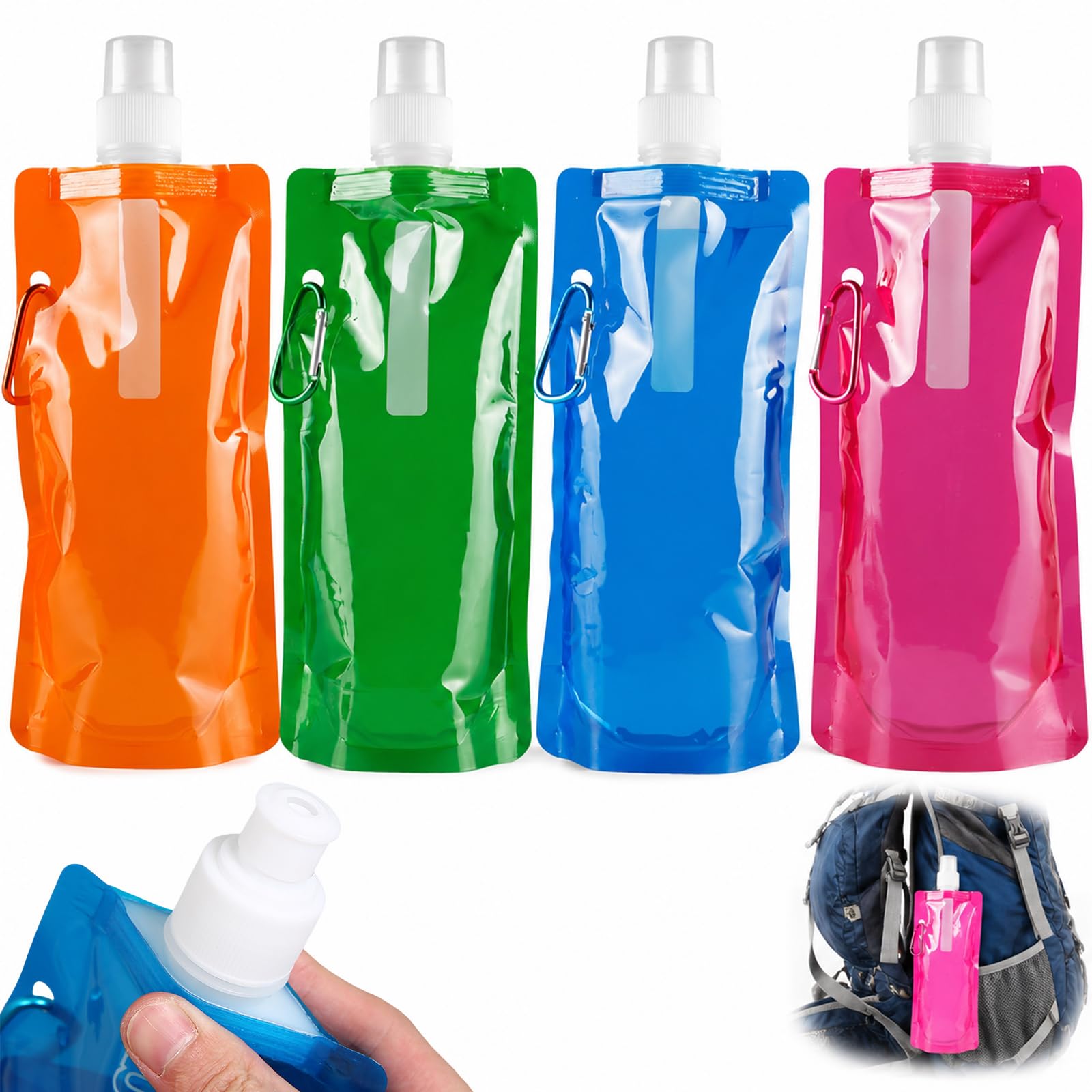 UMEGMBX 4 Pack Collapsible Water Bottle – Reusable 480ml Foldable Bottle with Clip – Lightweight for Hiking, Biking, Travel – 4 Colours