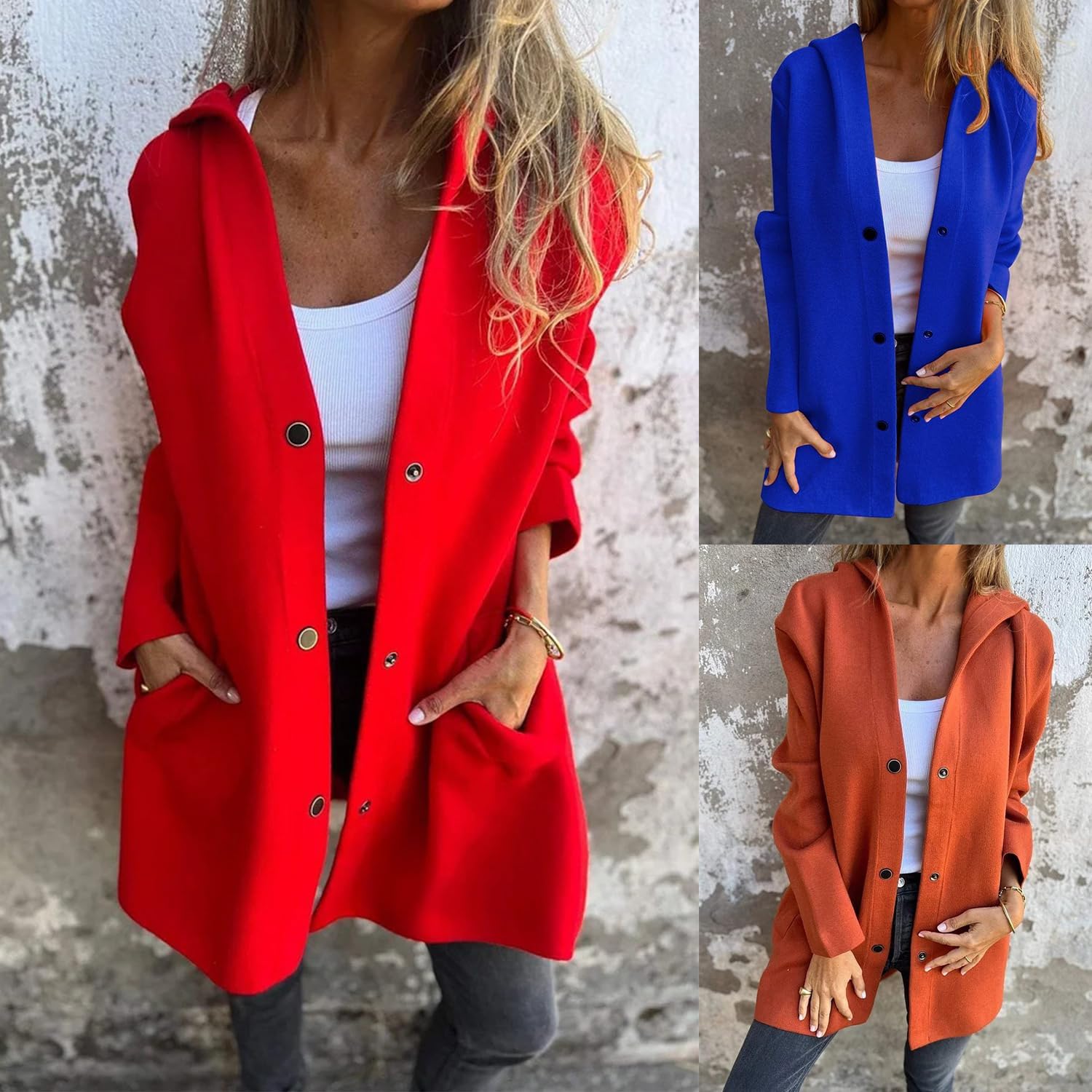 RJDJ Casual Single Breasted Hooded Jacket, Mid-Long Lightweight Long Sleeve Button Up Open Front Trench Coat with Pockets