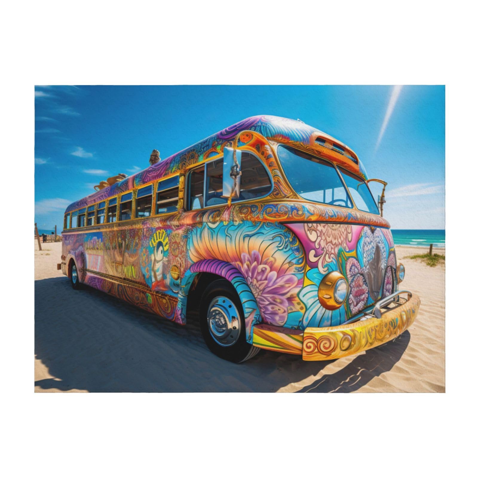 Couverture legere canape et lit motif bus de plage evasion ocean