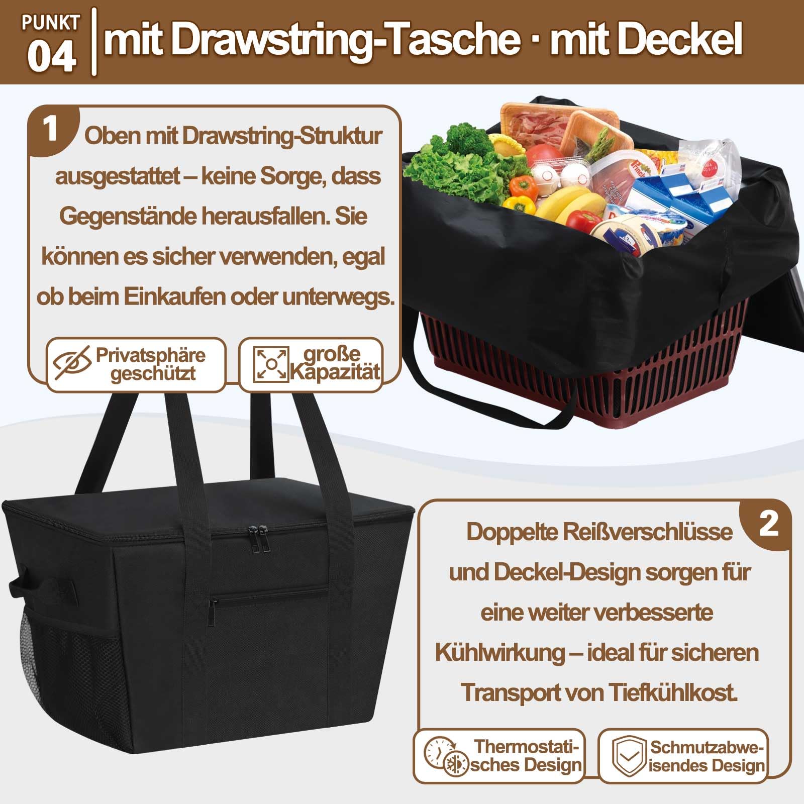 Kühltasche 30L, Groß Einkaufstasche Faltbar Thermotasche Dauerhaft Isoliertasche Picknicktasche Gefriertasche für Einkauf, Picknick, Camping, Strand, BBQ, Outdoor, Reisen, Auto, Schwarz