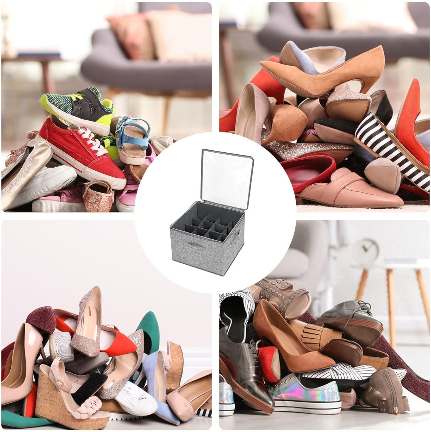 Shoe Storage Box - Fabric Storage Bins Handles | Foldable | Handles Bottom Support for Leather Sports Shoes Boots Blankets Towels Clothes Childrens Toys Organizer Home Closet Organizer