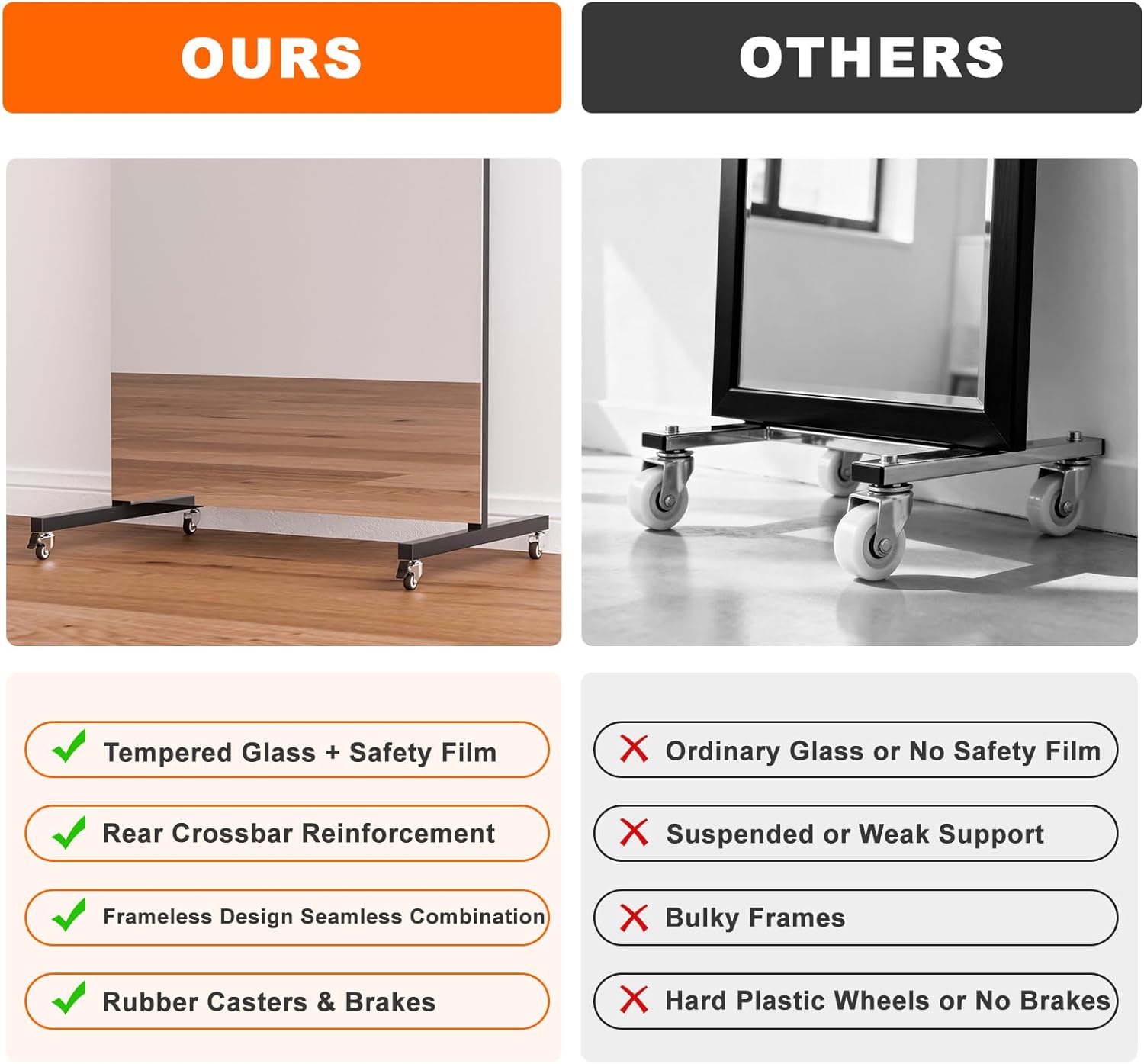 brisafe 71" x 40" Full Length Rolling Floor Mirror on Lockable Wheels, Large Rectangular Shatter-Resistant Safety Glass, for Home Dance Studio & Yoga, Black Metal Frame and Stand