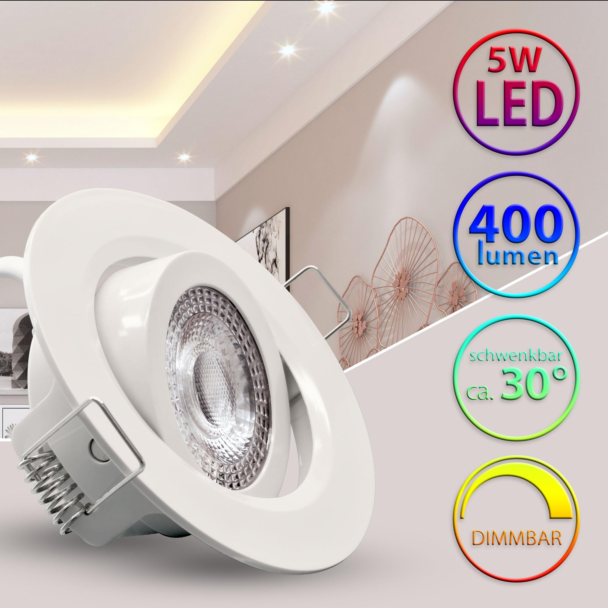 Maxkomfort LED Einbaustrahler Weiß 230V dimmbar 12x 5W 365lm warmweiß ultraflach schwenkbar Ø72mm Deckenspot für Küche Wohnzimmer Flur LED Spots Energieklasse F Lumax