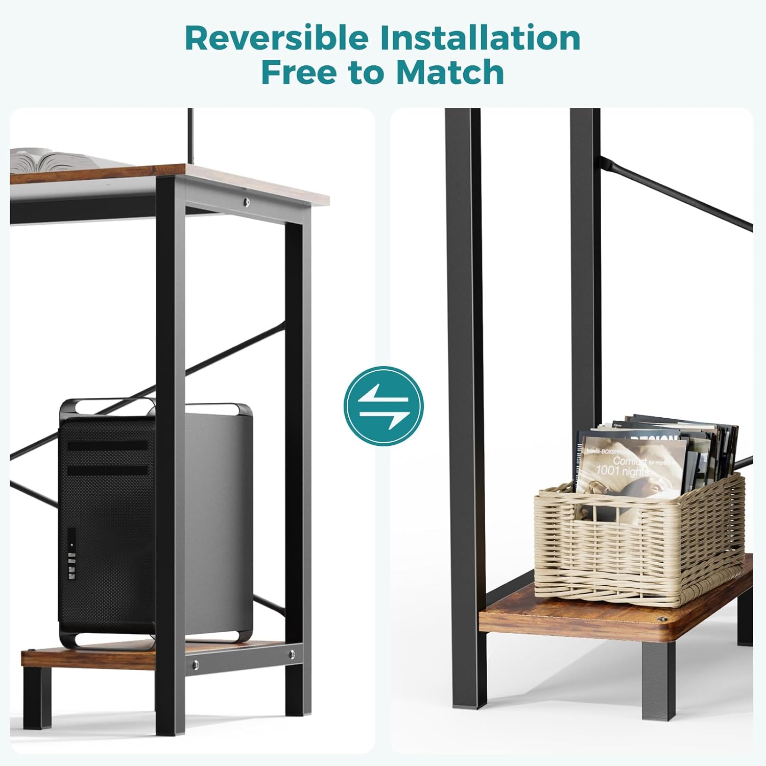 Image showing the reversible installation of the CPU shelf and side storage bag on the OLIXIS L Shaped Desk.