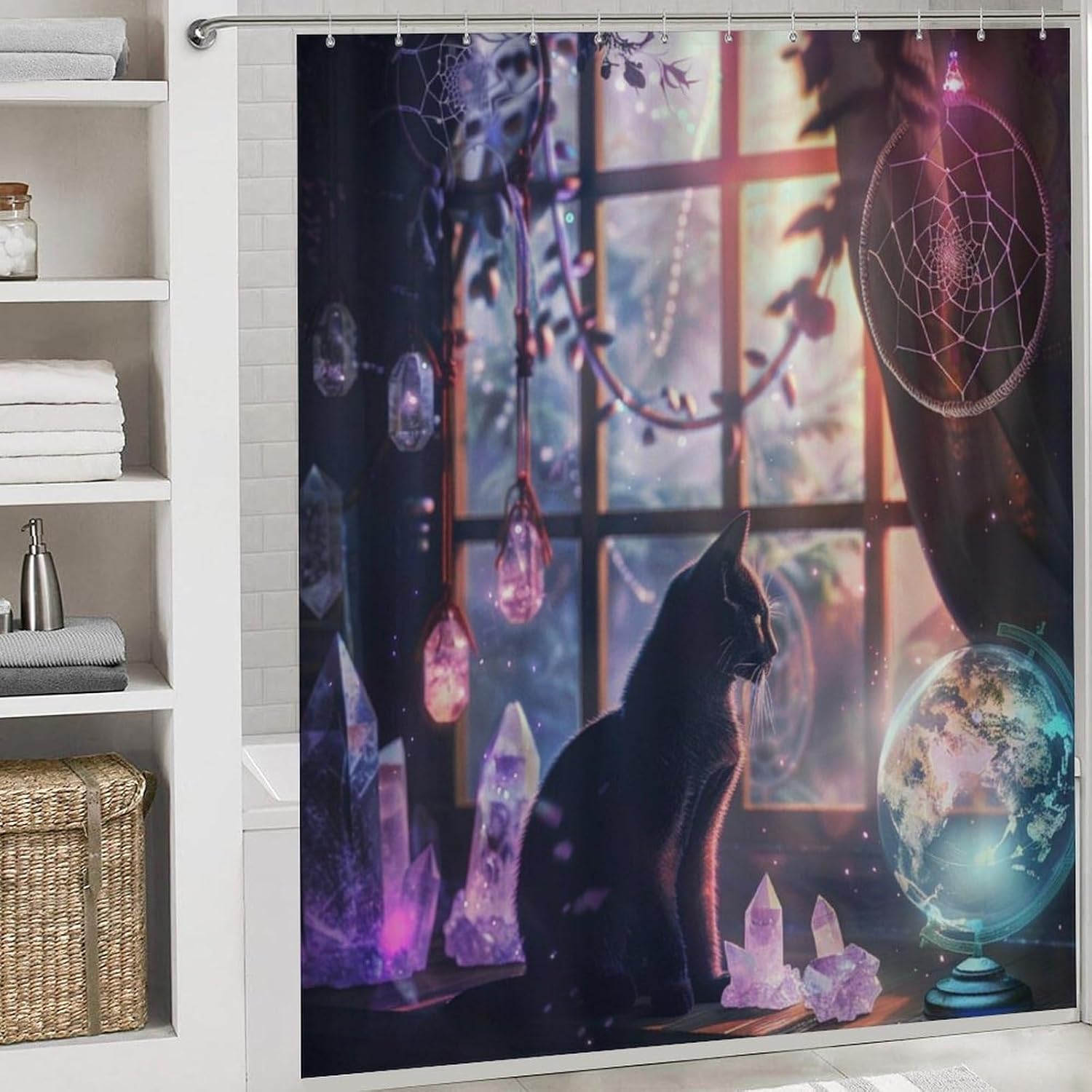 4Pcs Fantasy Dreamcatcher Cat Shower Curtain, Kitten Map Globe Purple Shower Curtain Sets with Toilet Lid Cover, U-Shaped Mat and Non-Slip Rugs, Bathroom Decor Set, 72" x 72"