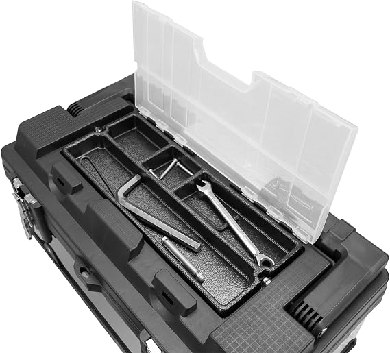 19 Stainless Steel and Plastic Portable Storage Tool Box Organizer with Metal Lock, Multiple Compartments, Clear Lid and Removable Trays - Stainless Steel/Black