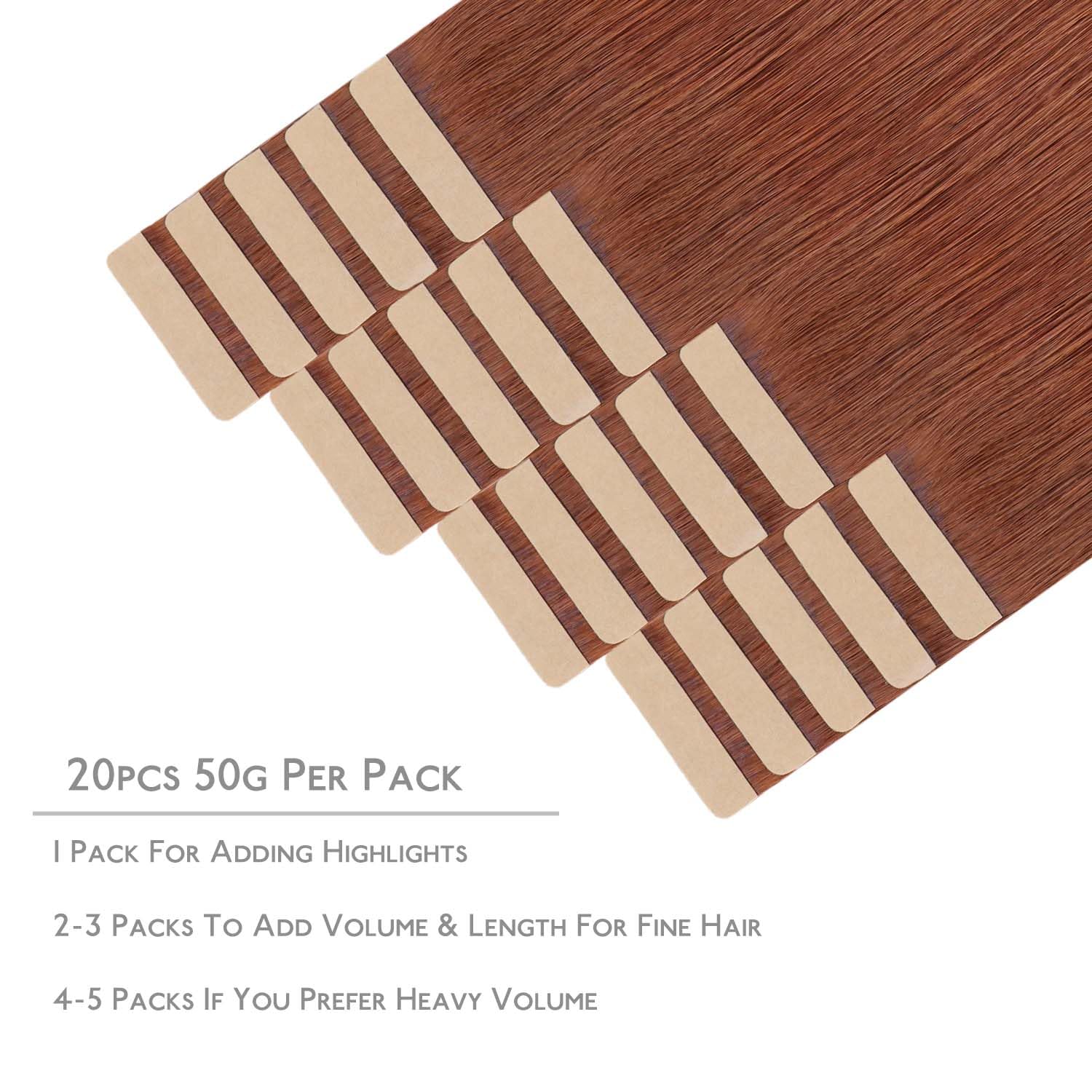 WENNALIFE Tape in Hair Extensions Human Hair, 20inch 20pcs 50 Dark Auburn Copper Real Human Hair Tape Extensions - Image 2