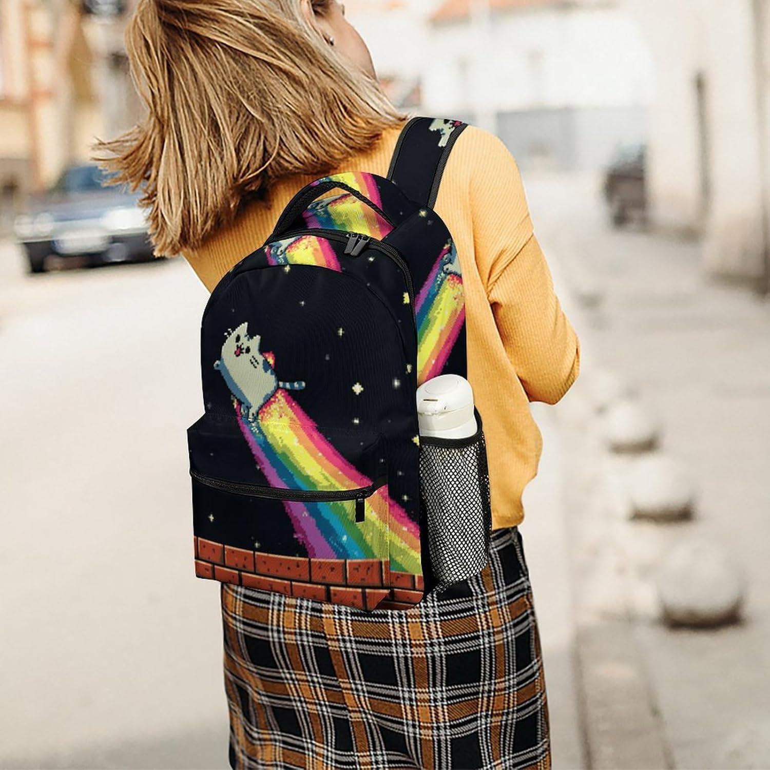 Back to School Backpack for Boys Girls Cute Cat Rainbow Pixel Art Lightweight Backpacks Bookbag - Image 7