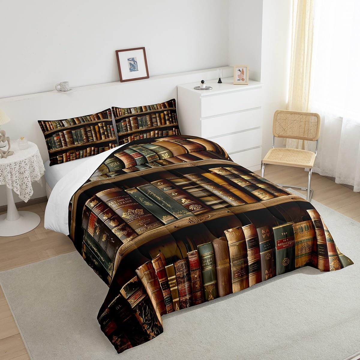 Feelyou Kids Library Comforter Set Twin Size, Old Books Kids Boys Girls Bedding Set Retro Wooden Bookshelf Comforter Vintage Museum Duvet Set Teens Room Decor Microfiber Bed Set