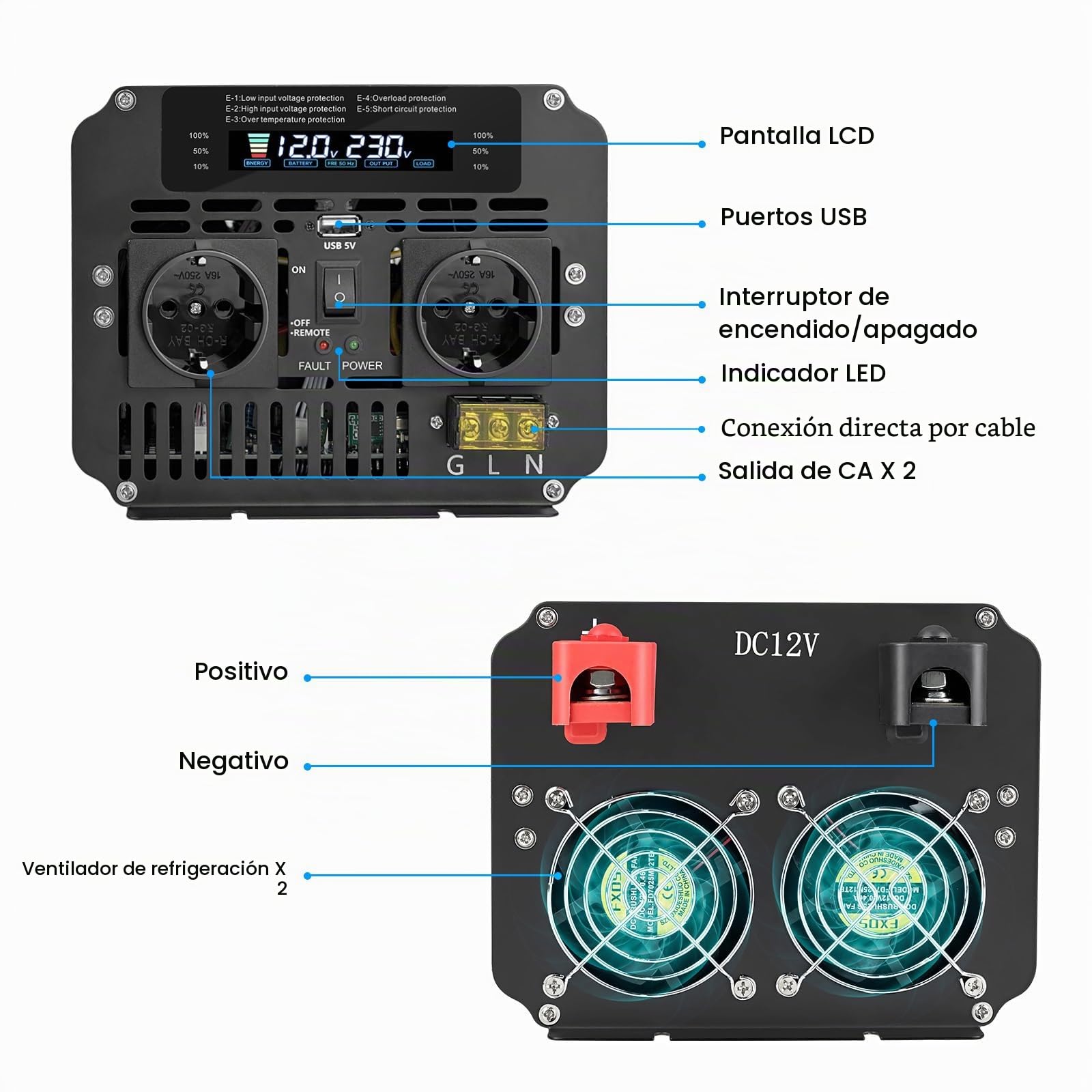 Yinleader Inversor 5000W/10000W Onda Senoidal Modificada DC 12V a 220V AC Convertidor con 2 Tomas AC, Mando a Distancia, Pantalla LCD y Puerto USB para Auto, Coche y Camper