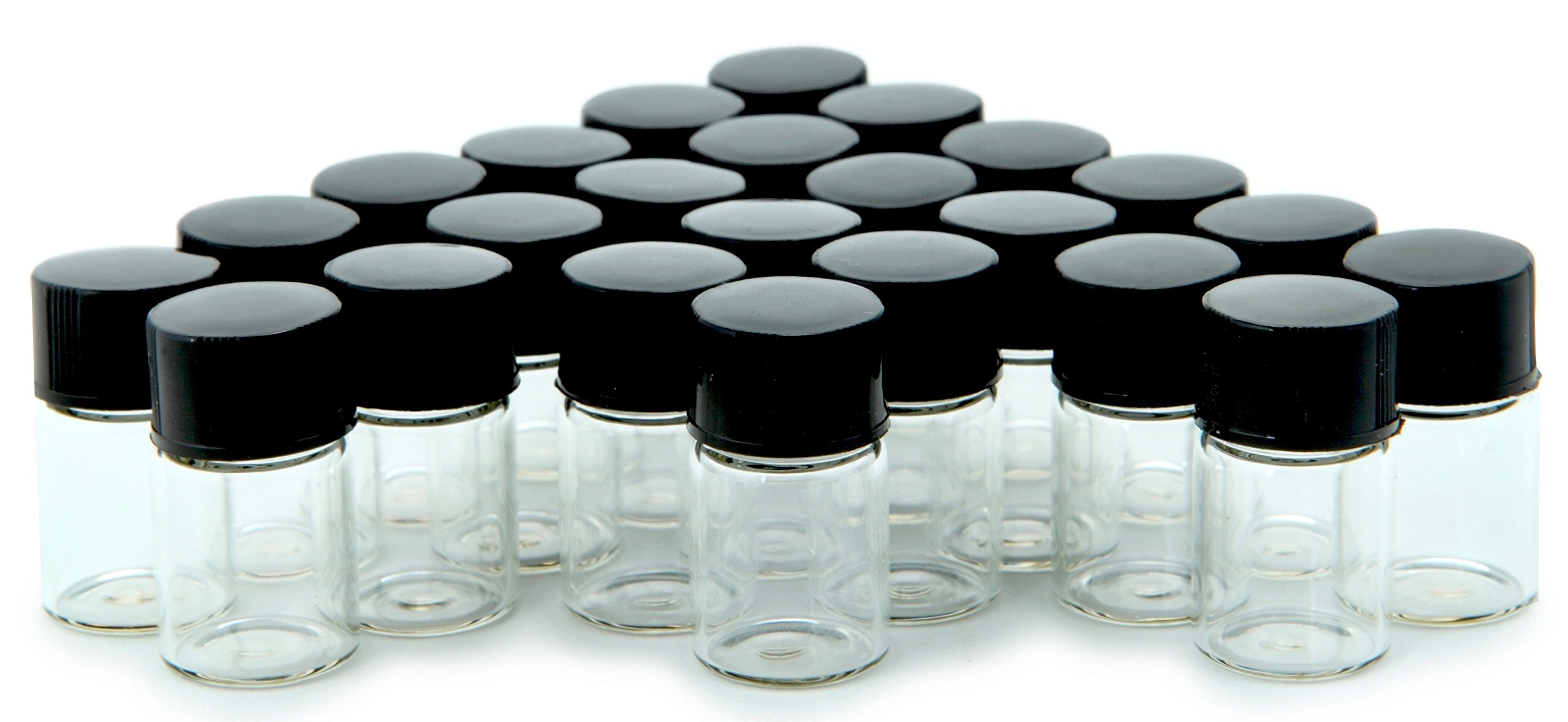 Vivaplex24, Clear, 1 ml (1/4 Dram) Glass Bottles, with Orifice Reducers and Black Caps