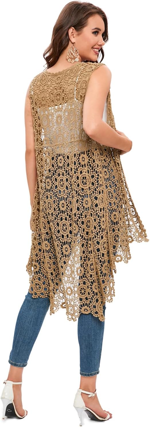 Women's Casual Long Crochet Vest Loose Fit Boho Lace Cover up High Low Sleeveless Cardigan - Image 3
