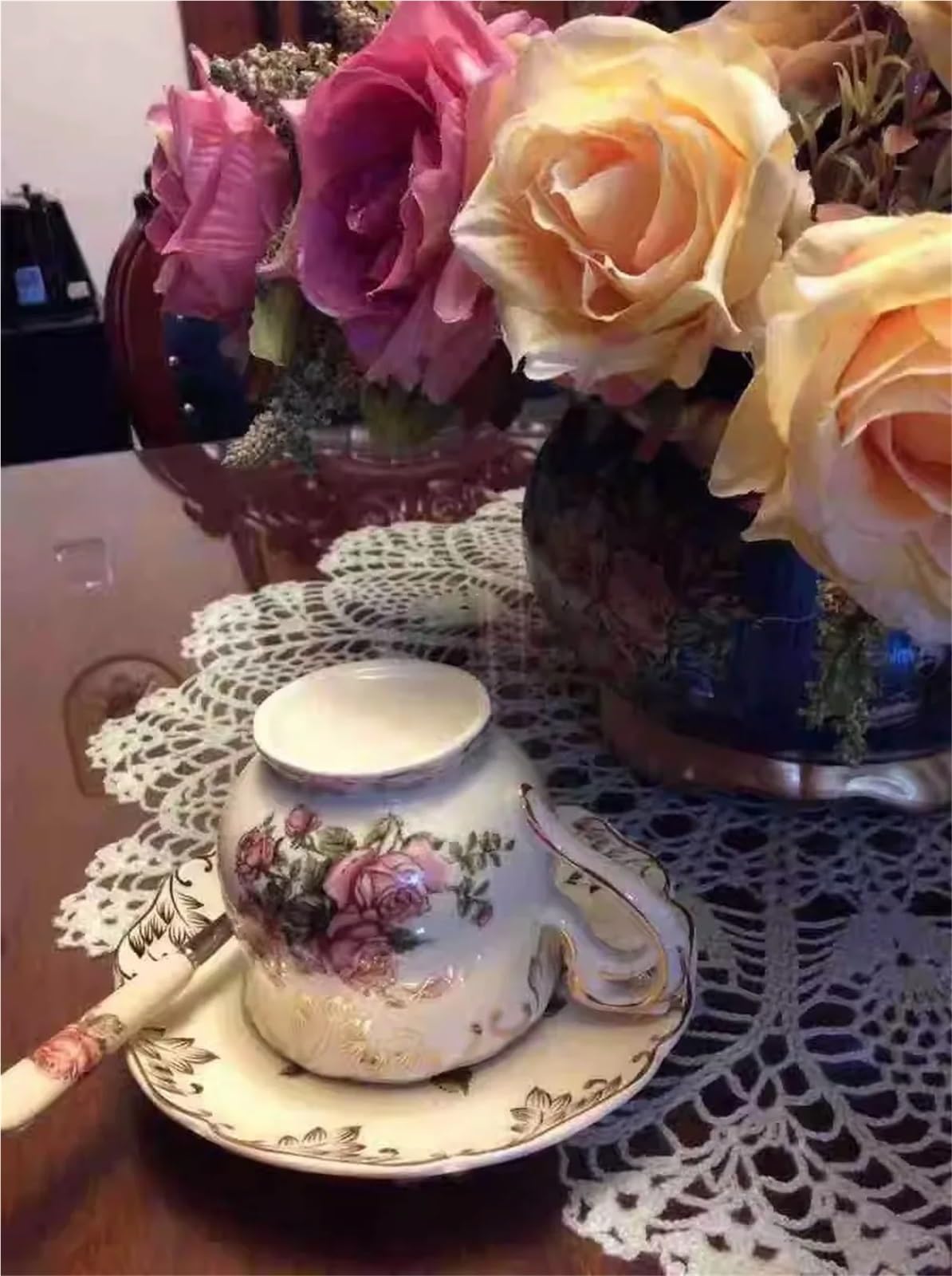Juego de tazas, tazas y platillos, taza de cerámica de porcelana de hueso con plato de postre, apta para microondas y lavavajillas, taza para té, leche, café con leche (Color3)