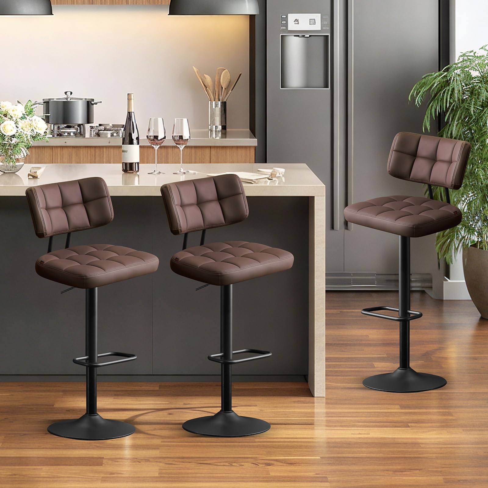 Furniliving Modern Bar Stools Set of 3 Faux Leather, Upholstered Swivel Barstools with Back, Adjustable Bar Chairs Counter Height for Kitchen Island,