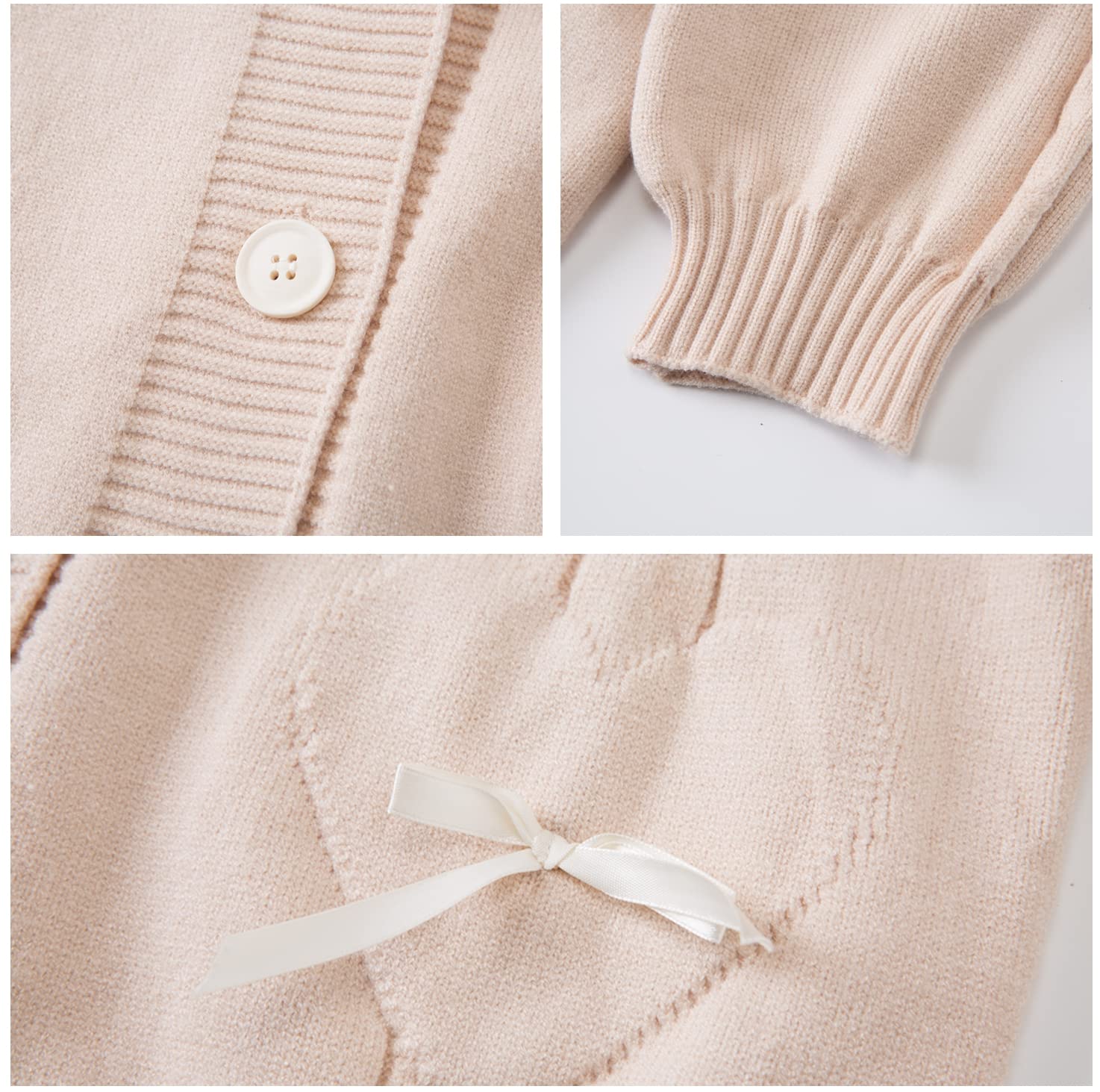 Women Kawaii Sweater Cardigan with Cute Bowknot and Heart S-2XL: XX-Large Light Apricot