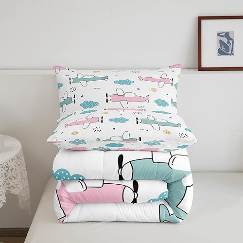 Miniatura 5 de Erosebridal Juego de edredón de aviones de dibujos animados, ropa de cama tamaño individual, ropa de cama de avión para niños y niñas, lindo juego