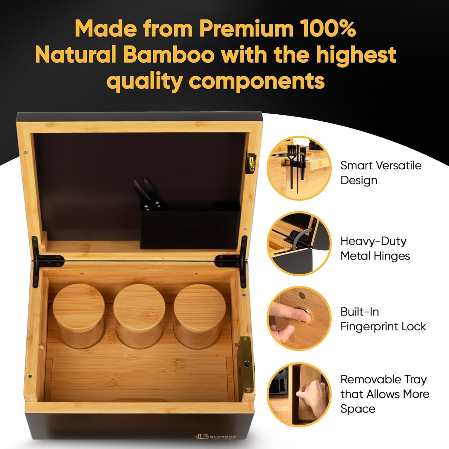 Blue Bus Discovery 2.0 Large Bamboo Box with Fingerprint Lock, Lid, Glass Jars and Tray - Decorative Wooden Storage Box for Keepsakes (10.8" L x 7.87" W x 6" H) (Green)