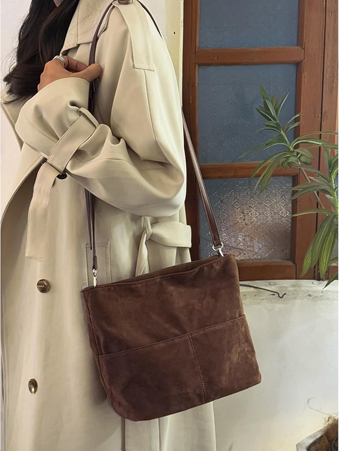 Suede Bags For Women Bucket Bag Brown Purse Crossbody Purses Slouchy Bag Faux Suede Tote Bag Suede Shoulder Bags - Image 3