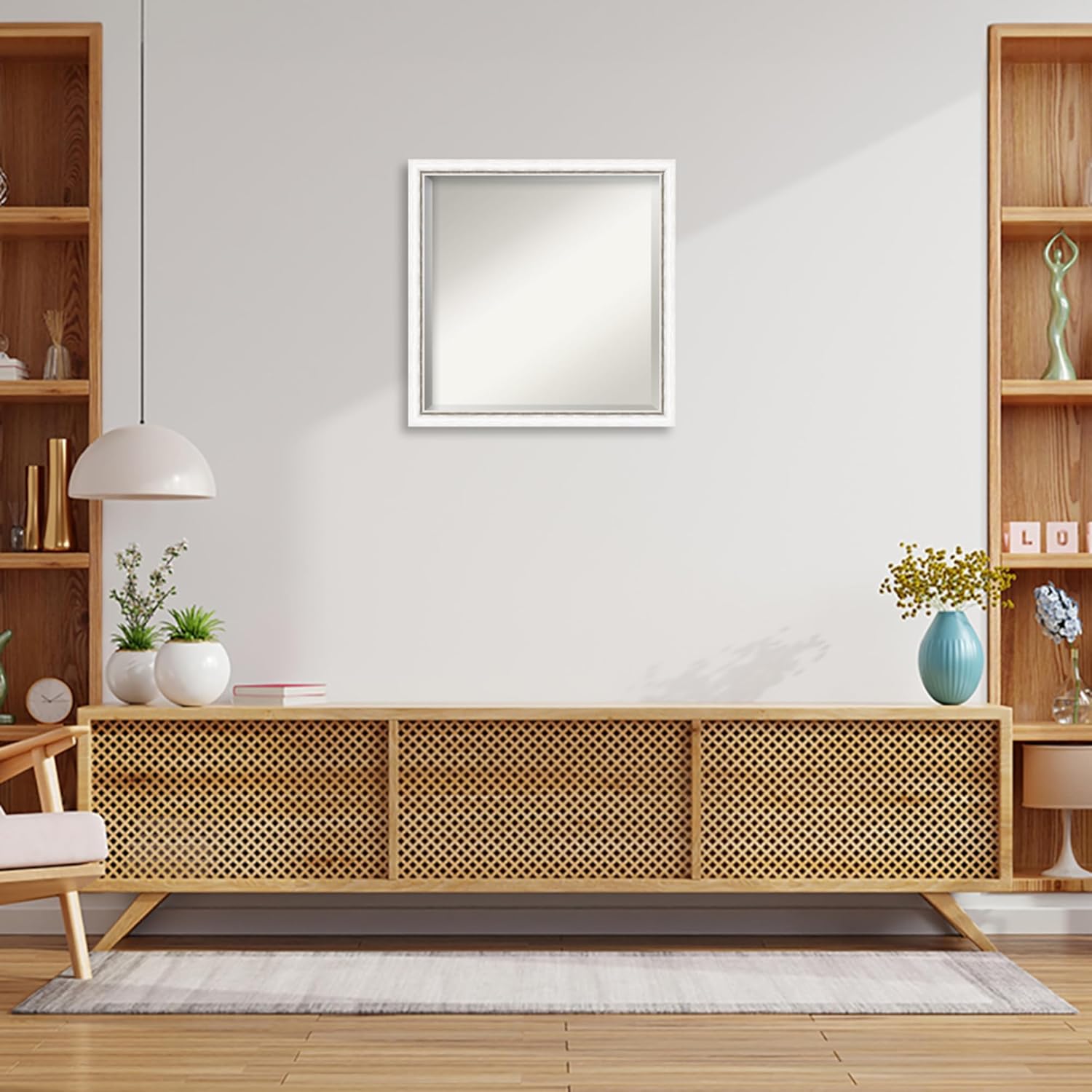 Amanti Art White Wall Mirror 22x22 Morgan White Silver Square Bathroom Mirror for Wall Decor Living Room, Medium Modern Wood Frame, Hangs Horizonally and Vertically, Bathroom Decor, Beveled Edge