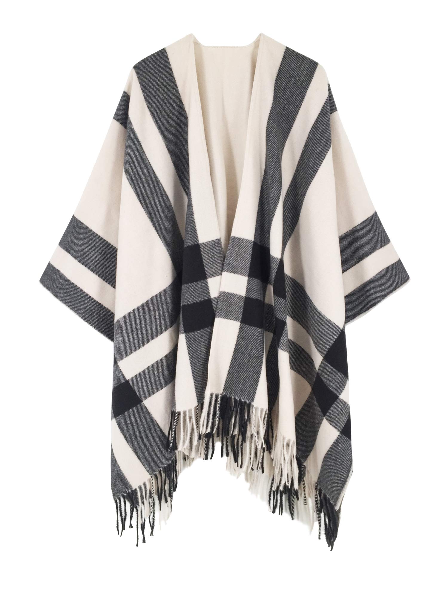 Hikaro Women's White Black Shawl Wrap Open Front Poncho Cape Plaid Tassel Blanket Cardigans Coat For Spring Fall Winter