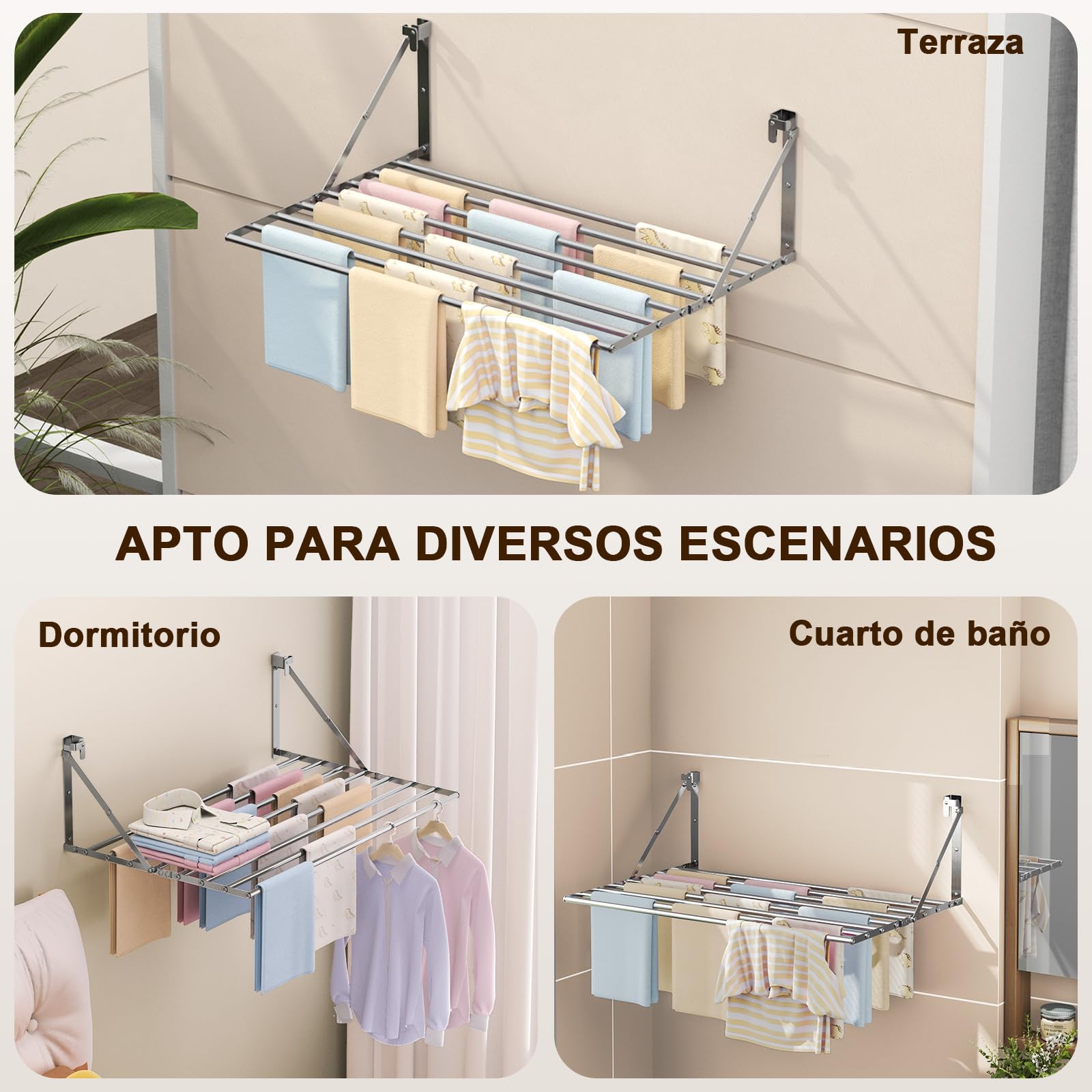 Innotic Séchoir à Linge Mural Pliable de 80 cm - Résistant à la Rouille - avec 8 Barres - Grand Espace - Peu encombrant - pour l'extérieur, la Salle de Bain, Le Balcon, la buanderie - Argenté