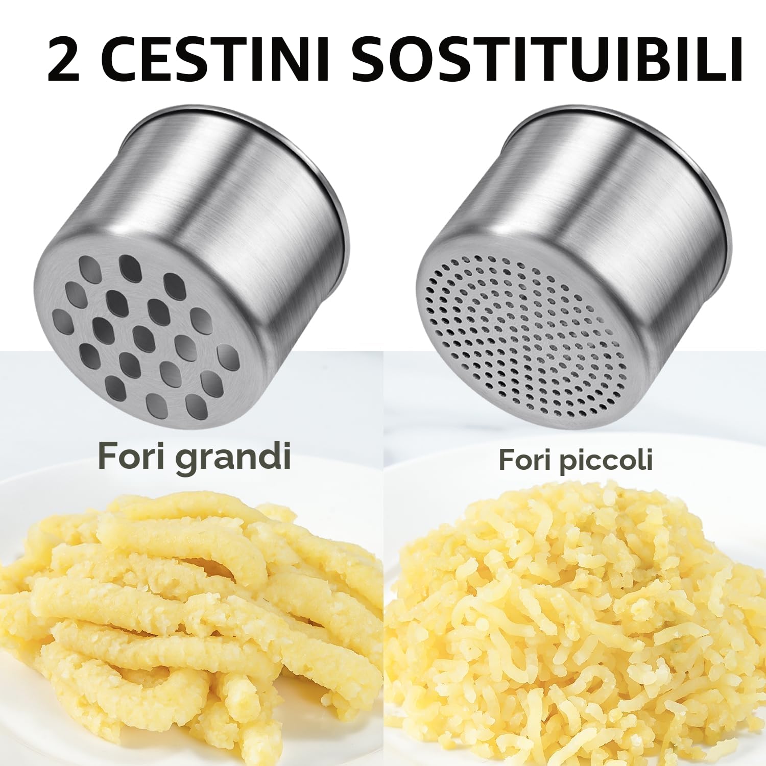 Schiacciapatate, Sopito Schiacciapatate in Acciaio Inox con 2 Tazze Intercambiabili per Purè di Patate, Purè di Verdure, Succhi di Frutta e Ricette Alimentari, Lavabile in Lavastoviglie