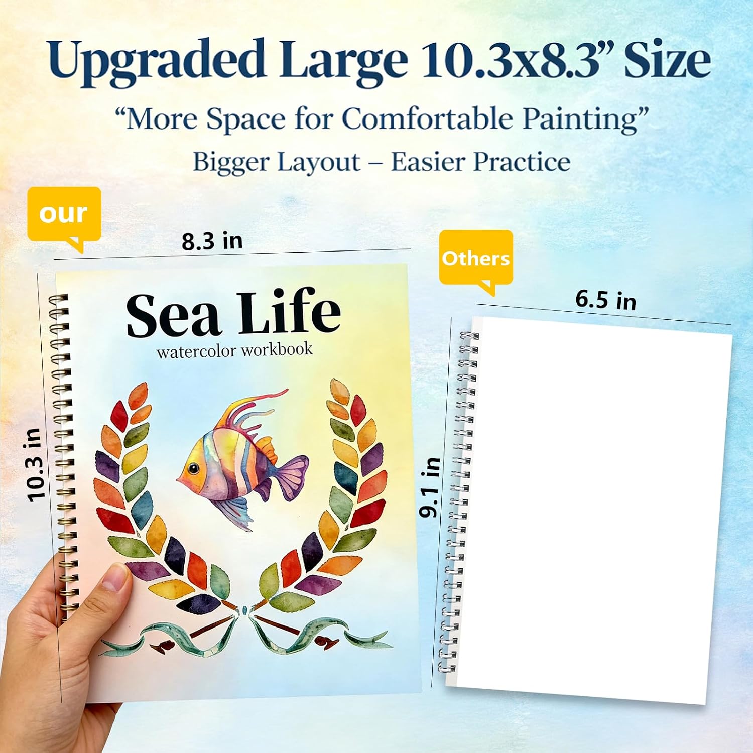 Watercolor Workbook, Large 10.3x8.3” Beginner Friendly Watercolor Painting Kit with Thick Paper & 3 Brushes Included, Bird, Animal, Ocean & Flower Themes