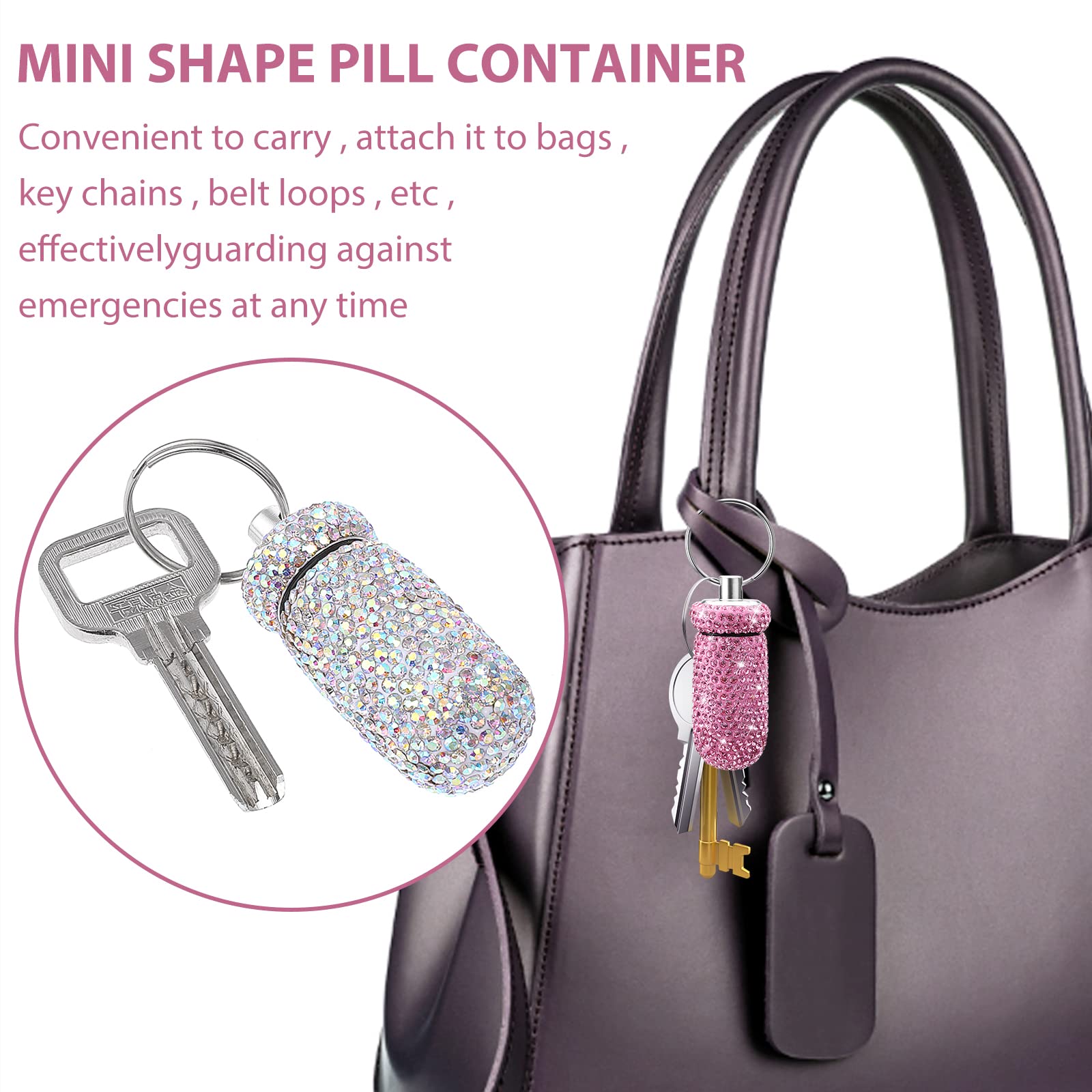 Cobee Contenedor de píldoras brillante, impermeable, portátil, mini pastillero de cristal, caja de almacenamiento con llavero para viajes al aire libre y camping