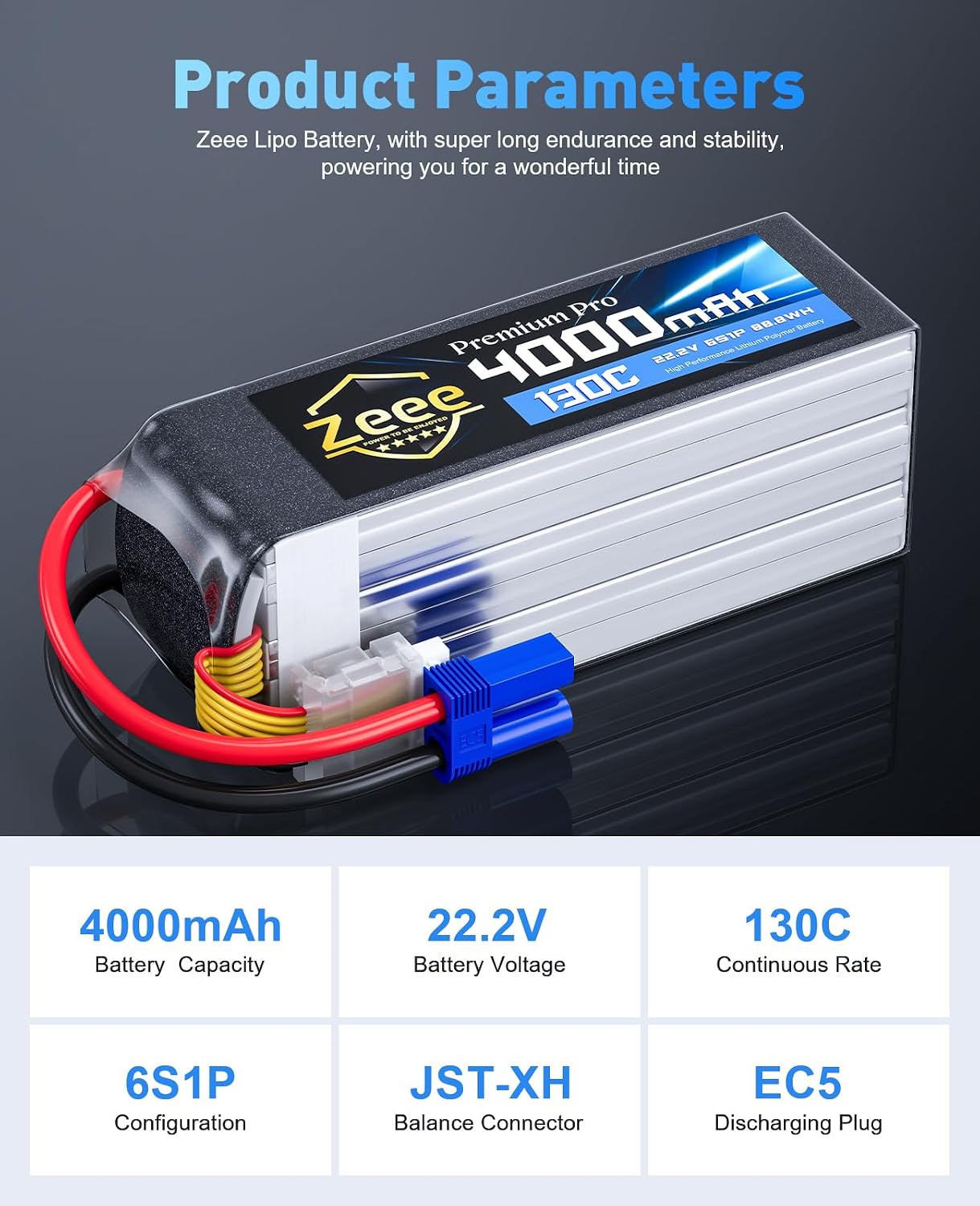 Zeee Premium Pro 6S 4000mAh Lipo Battery 22.2V 130C Ultra-Low Internal Resistance Soft Case Lipo Battery with EC5 Connector for RC Drone Helicopter Airplane RC Car Truck Boat Racing Models (2 Packs)