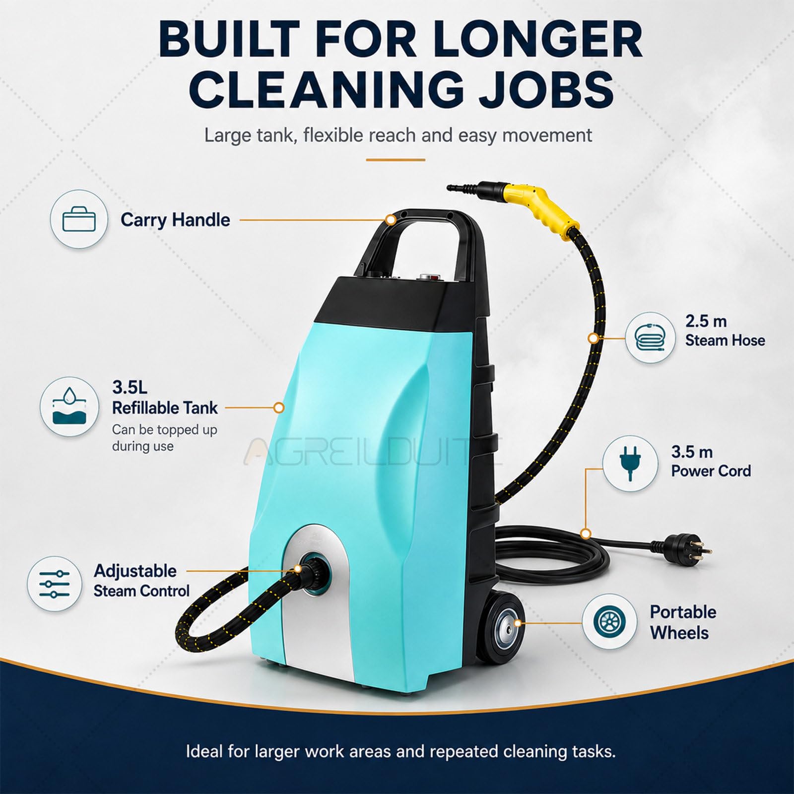 Pulitore a Vapore, 3000W, 4-5 Bar, Detailing Auto Blue | 3000W, vapore regolabile, tubo 2,5m | Auto, ruote, bocchette | Vapore forte per il detailing