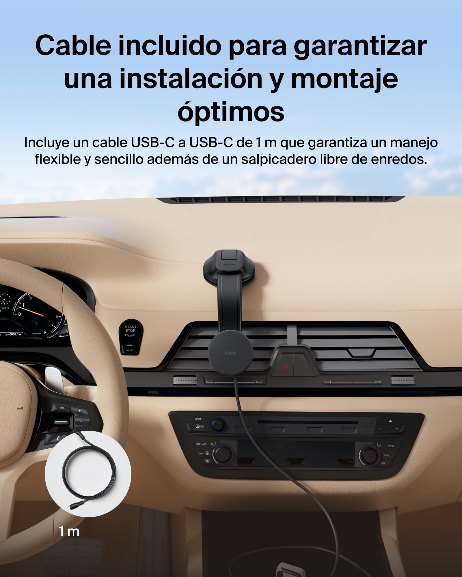 Belkin Cargador Coche Carga Rápida con Soportes para Rejilla de Ventilación y Salpicadero, Cable USB-C, Cargador Magnético Inalámbrico Qi2, MagSafe, iPhone 17, Pixelsnap y Galaxy S25 - Negro