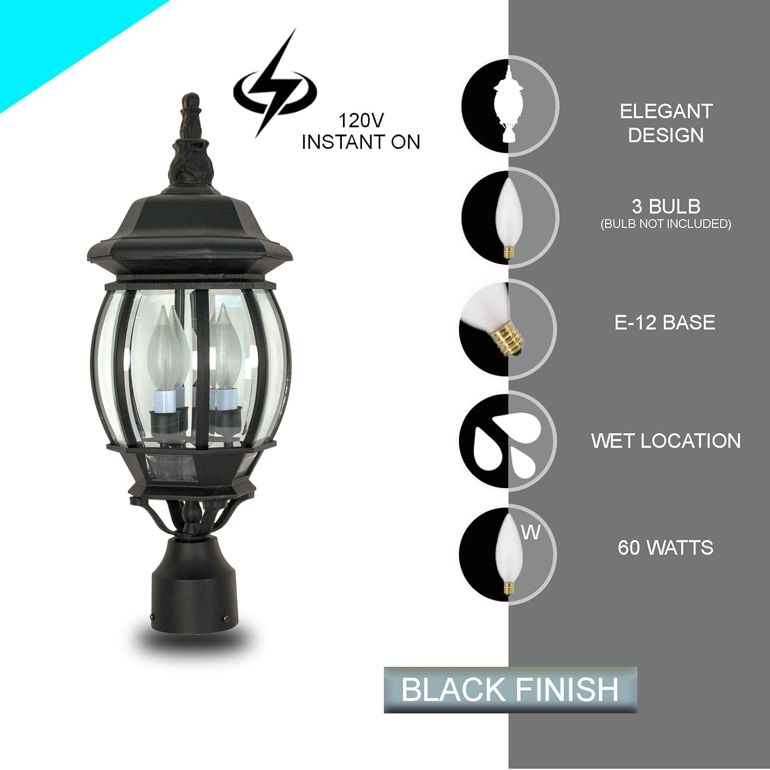 Ciata Outdoor Post Lights, Outdoor Lamp Post Light Pole Post Lantern Lamp Post Outdoor Lighting, Clear Glass, Black Finish. Voltage: 120, Wattage: 60, Clear Beveled Glass Panels.