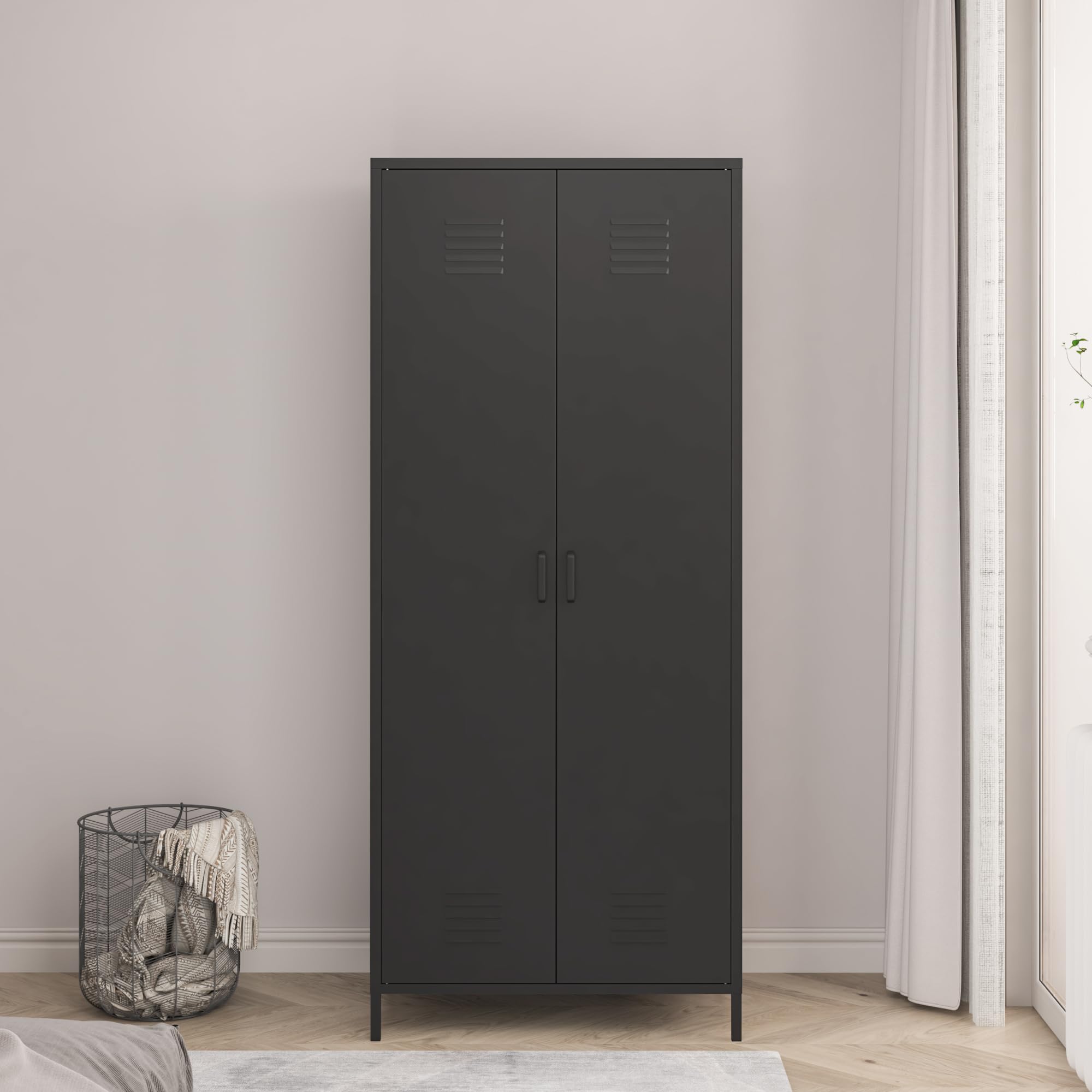 [en.casa] Armoire Métallique Vestiaire Casier avec Fentes d'Aération Barre de Penderie Meuble de Rangement Style Industriel pour Chambre Bureau Atelier Acier 180 x 76 x 50 cm Noir Mat