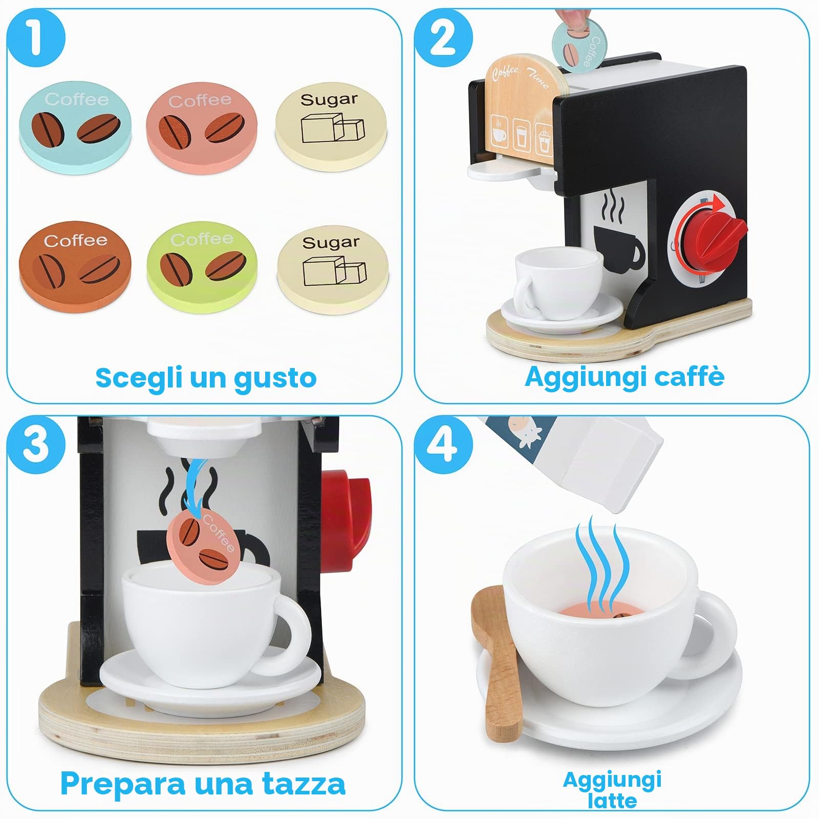 Accessori da cucina per bambini, in legno, macchina per caffè espresso, giocattolo per bambini, set da cucina per ragazze e ragazzi (Black)