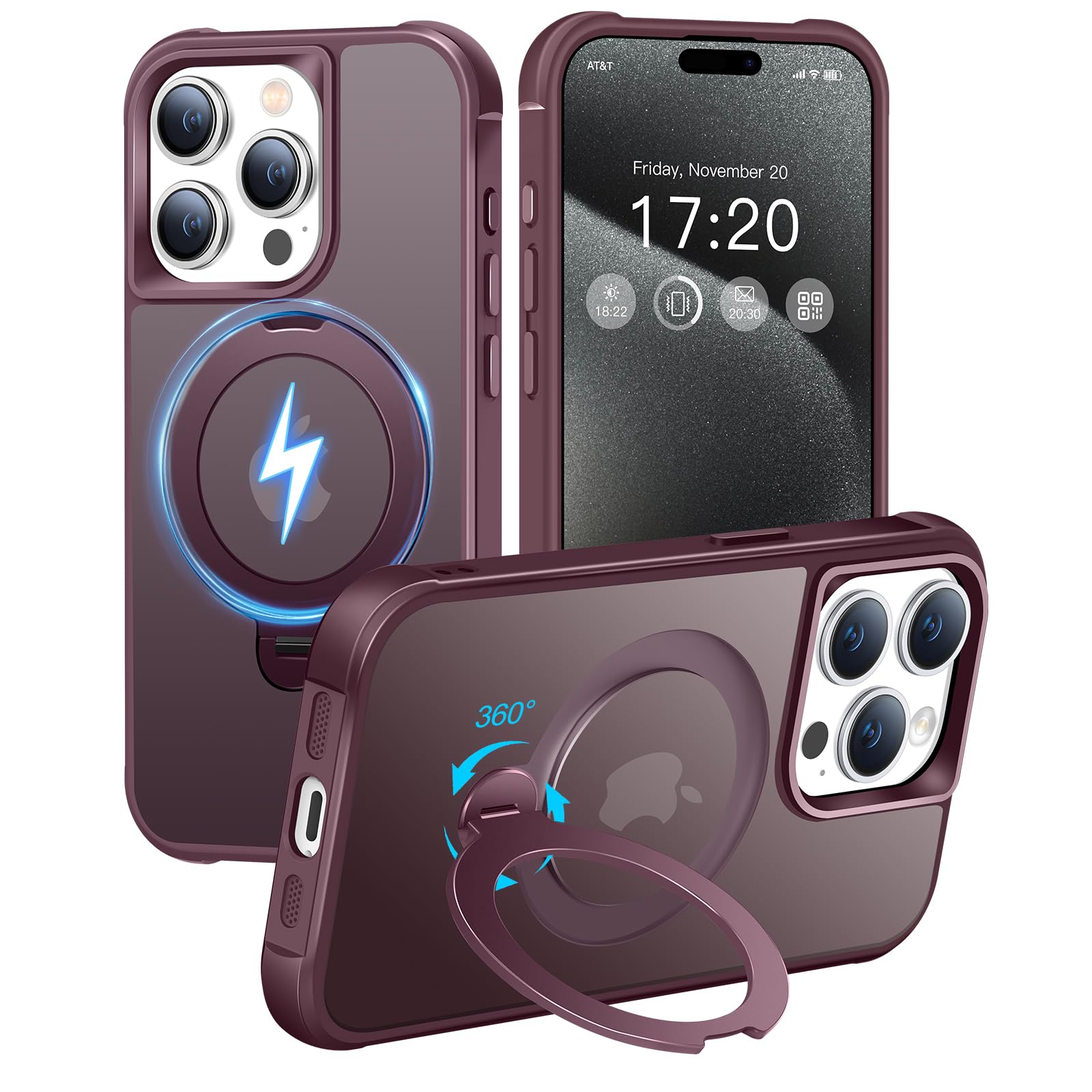 Coque iPhone 15 Pro rouge vin avec support magnétique 360° - 8