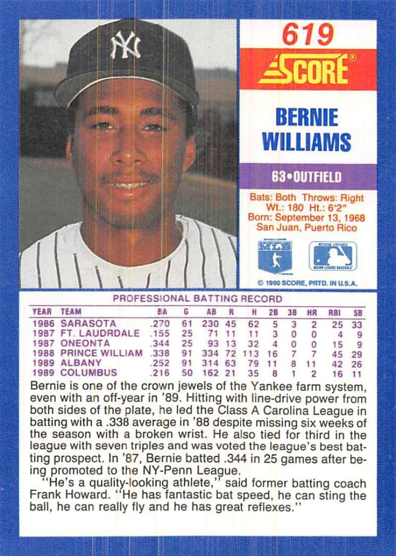 Amazon.com: 1990 Score Baseball #619 Bernie Williams RC Rookie New